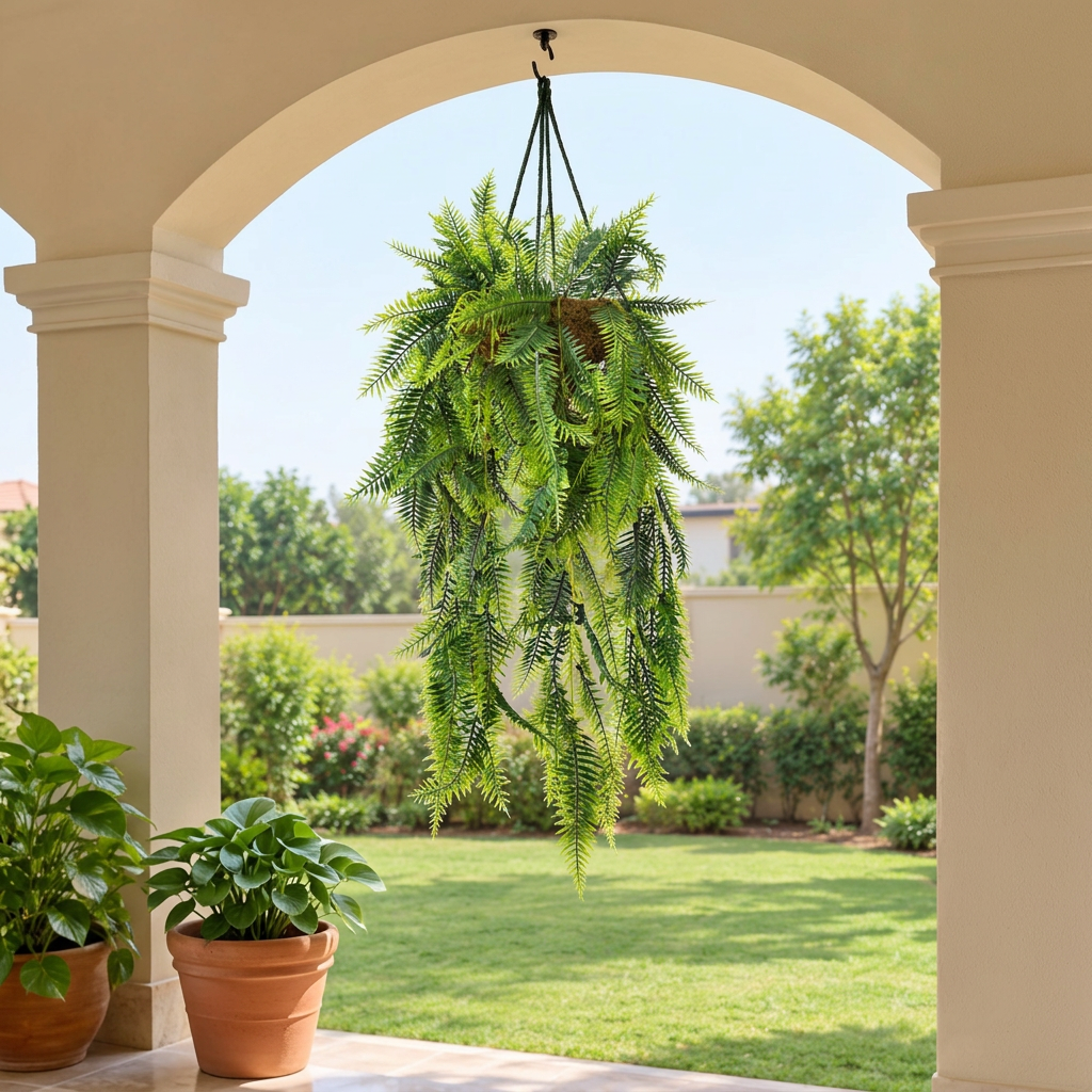 Artificial Boston Fern hanging plant in a Coconut Fibers covered Plastic Basket