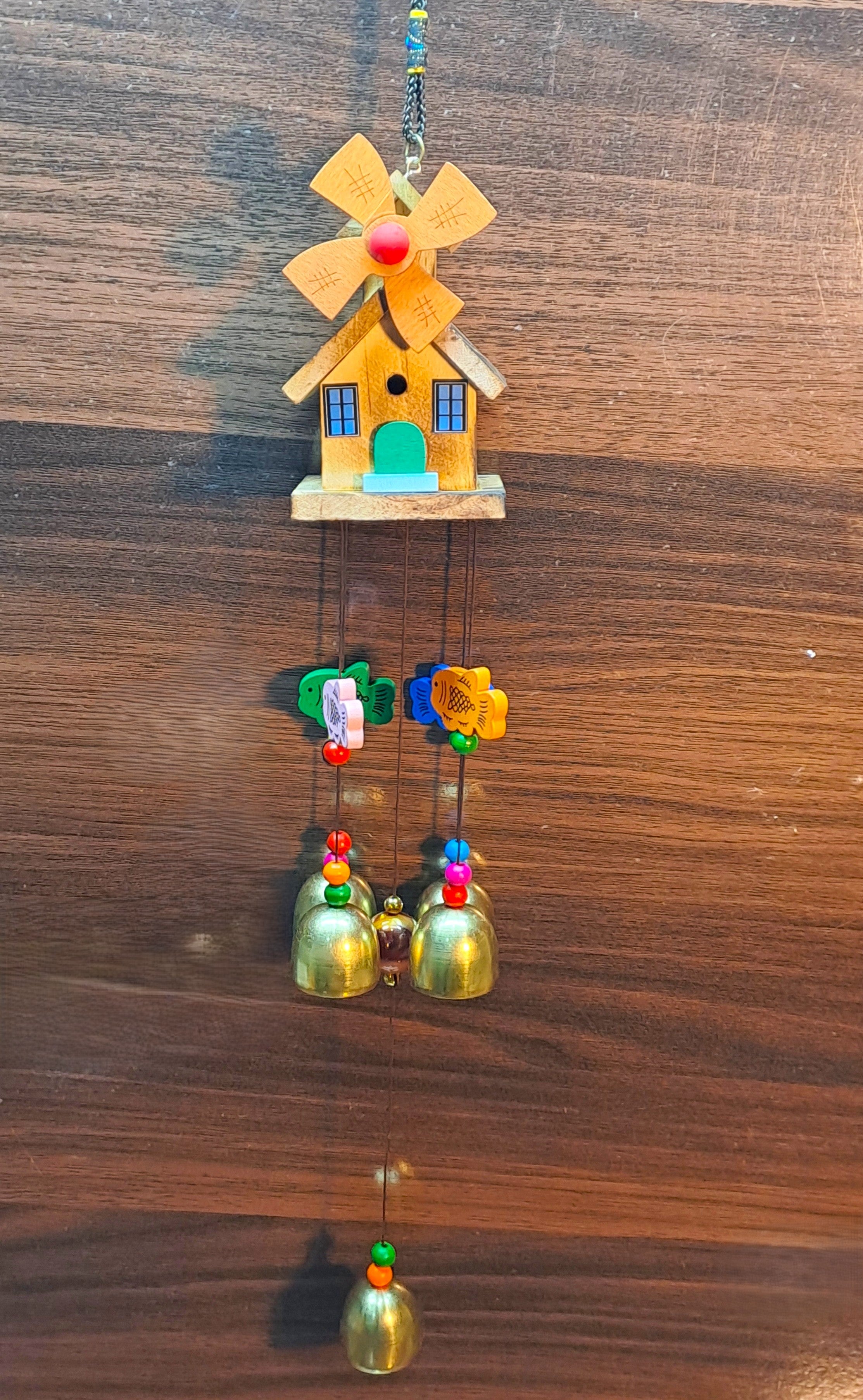 Wooden Model House Wind Chime With Golden Bells