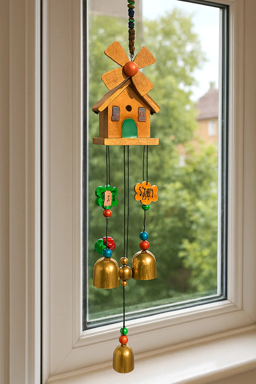 Wooden Model House Wind Chime With Golden Bells