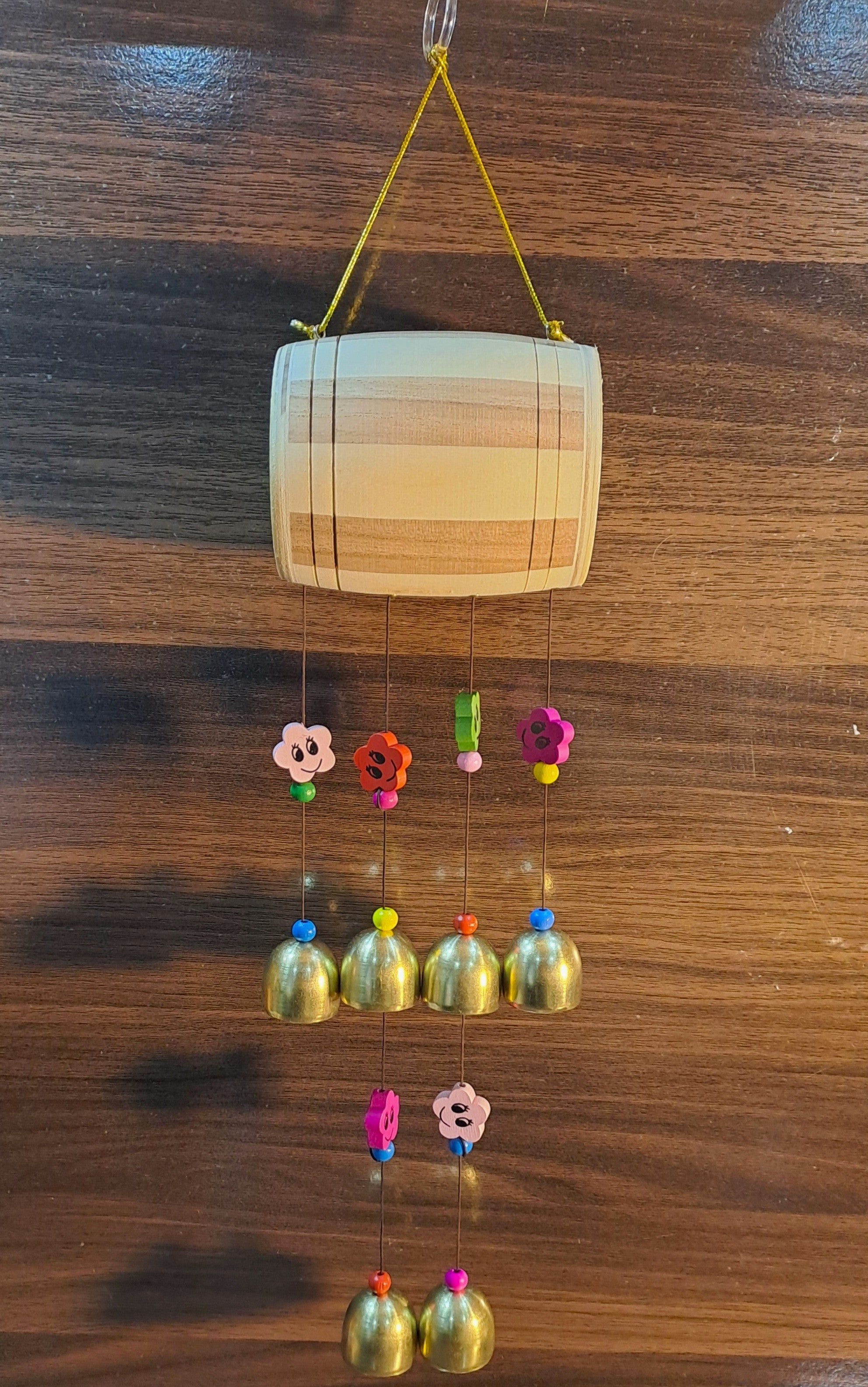 Wooden Drum Shape Wind Chime With Golden Bells