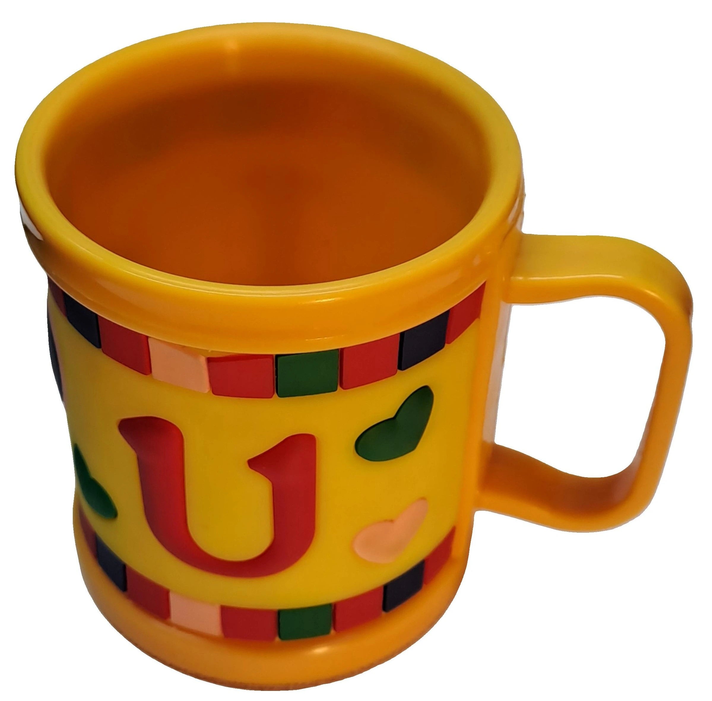 “I LOVE U” Yellow  3D Rubber Print Embossed (Unbreakable) Plastic Mug for Milk/Juice