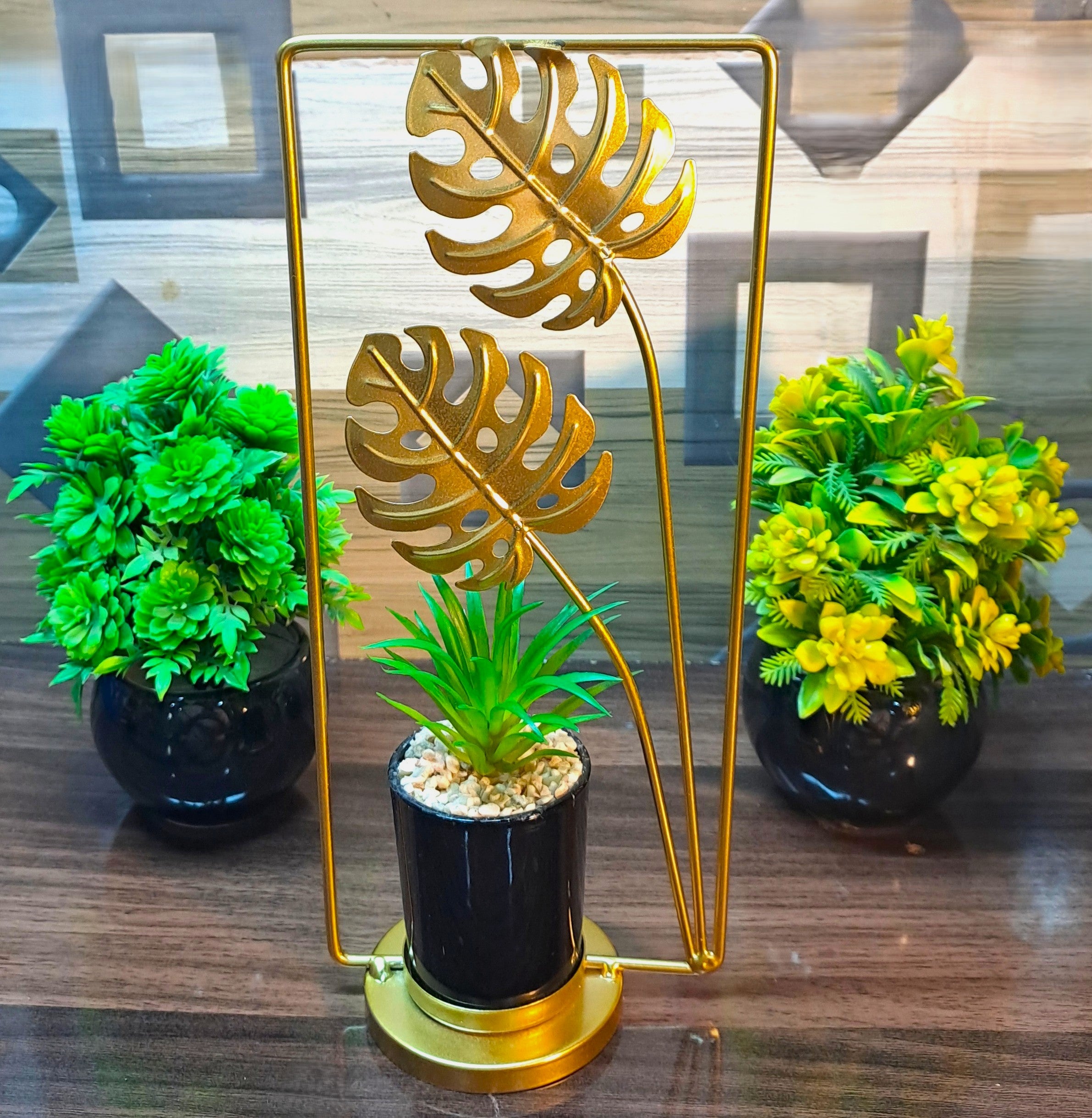 Cactus with Planter inside Rectangular Metallic Frame with Leaves