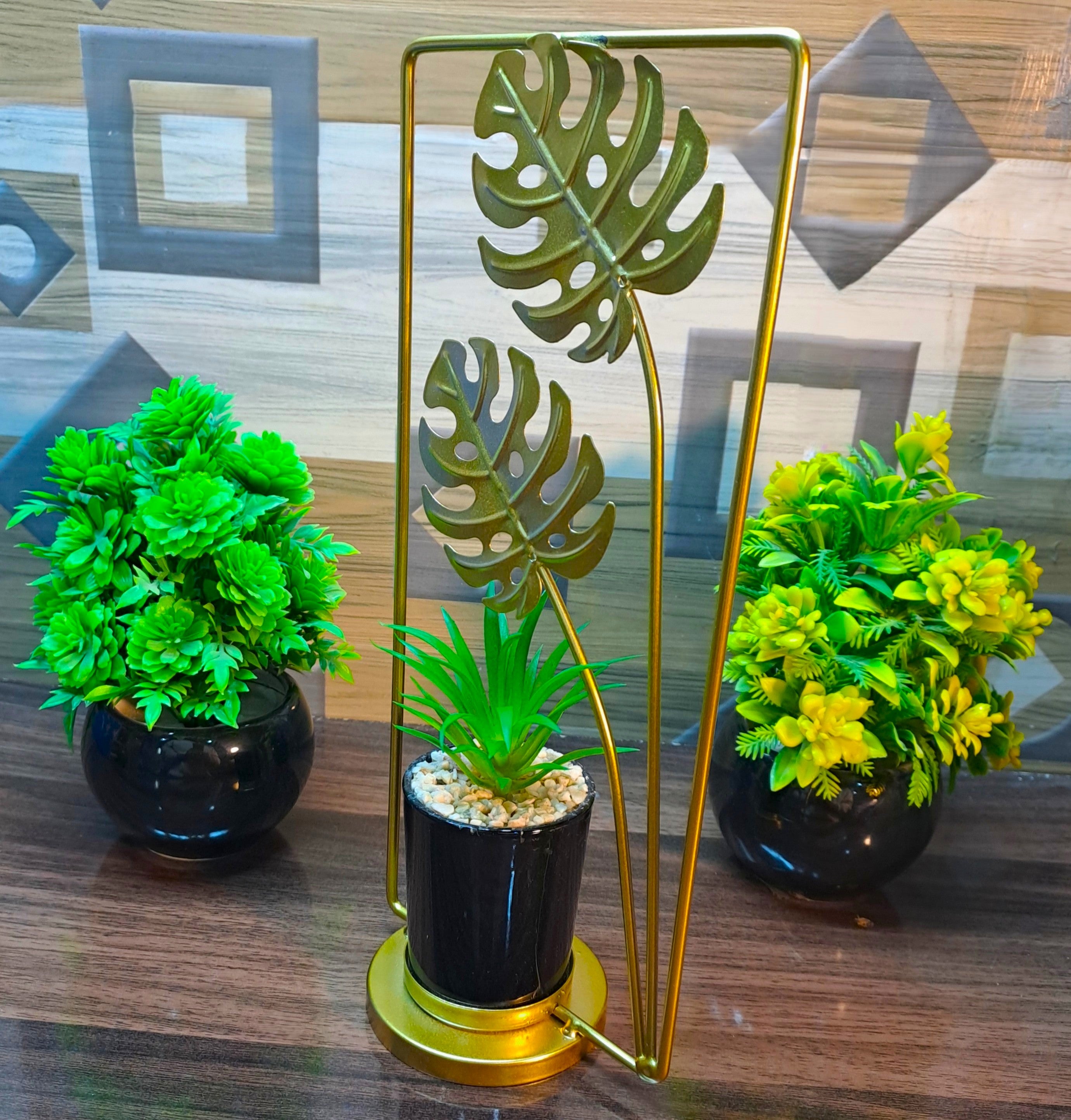 Cactus with Planter inside Rectangular Metallic Frame with Leaves