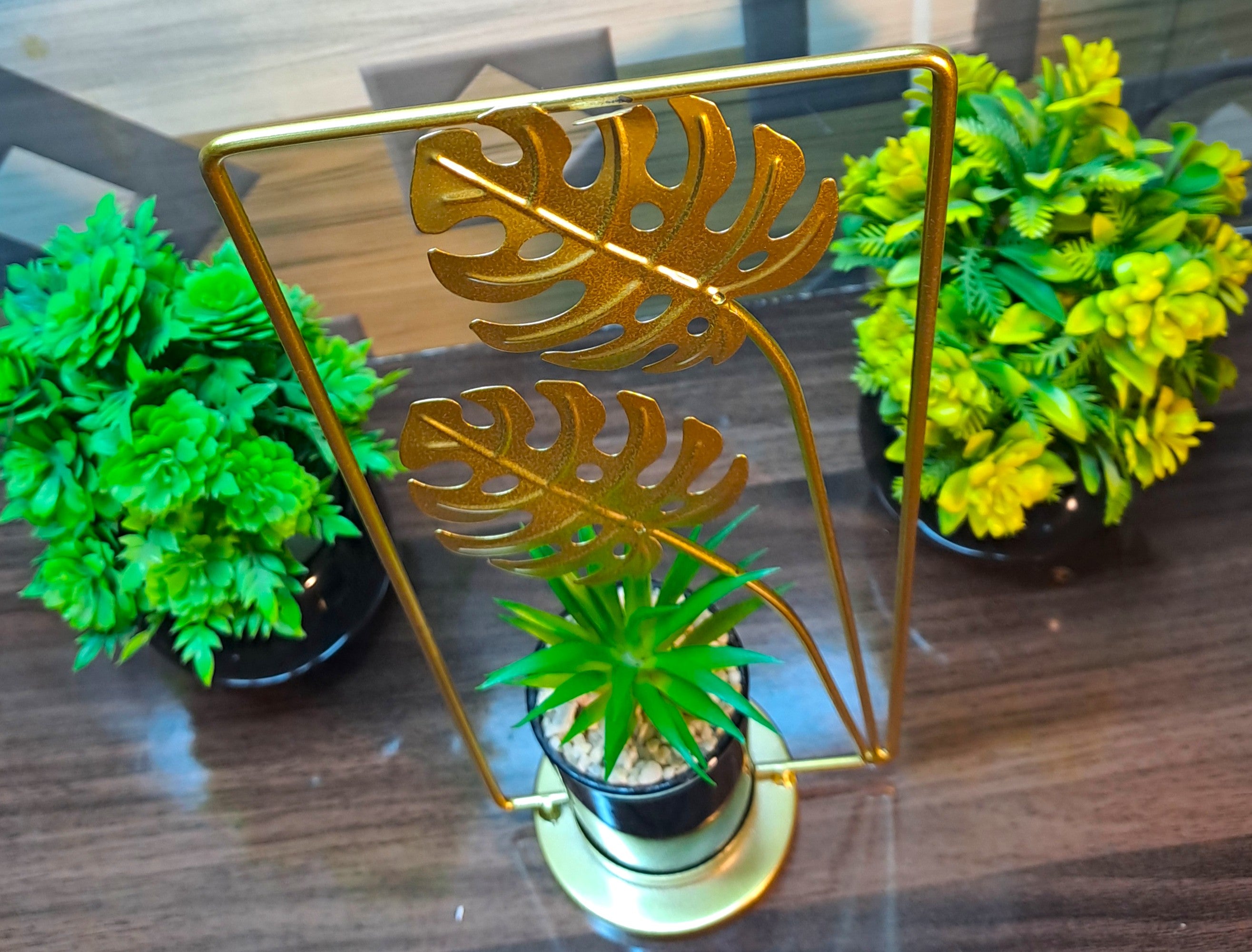 Cactus with Planter inside Rectangular Metallic Frame with Leaves