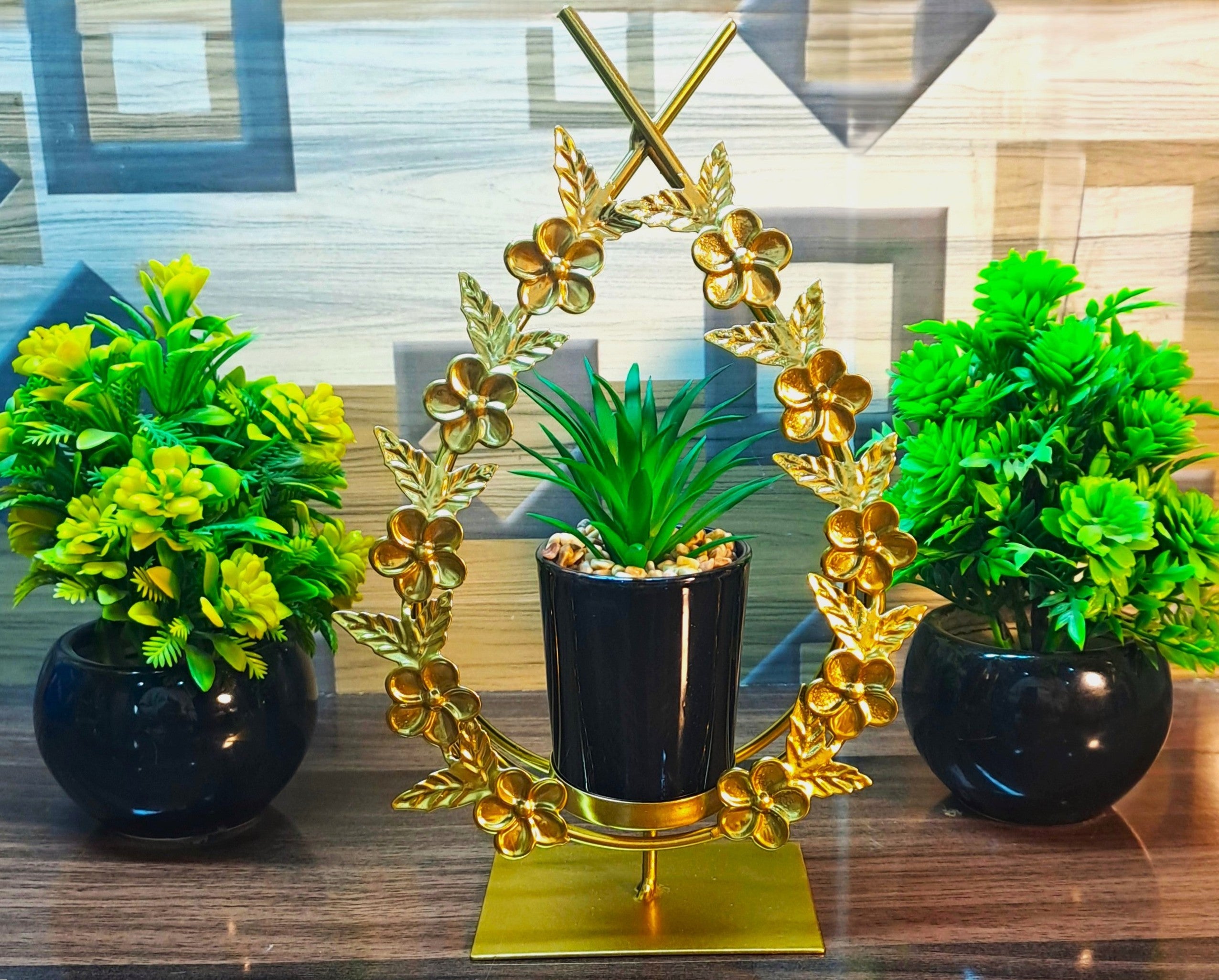 Cactus with Planter inside Metallic Floral Frame