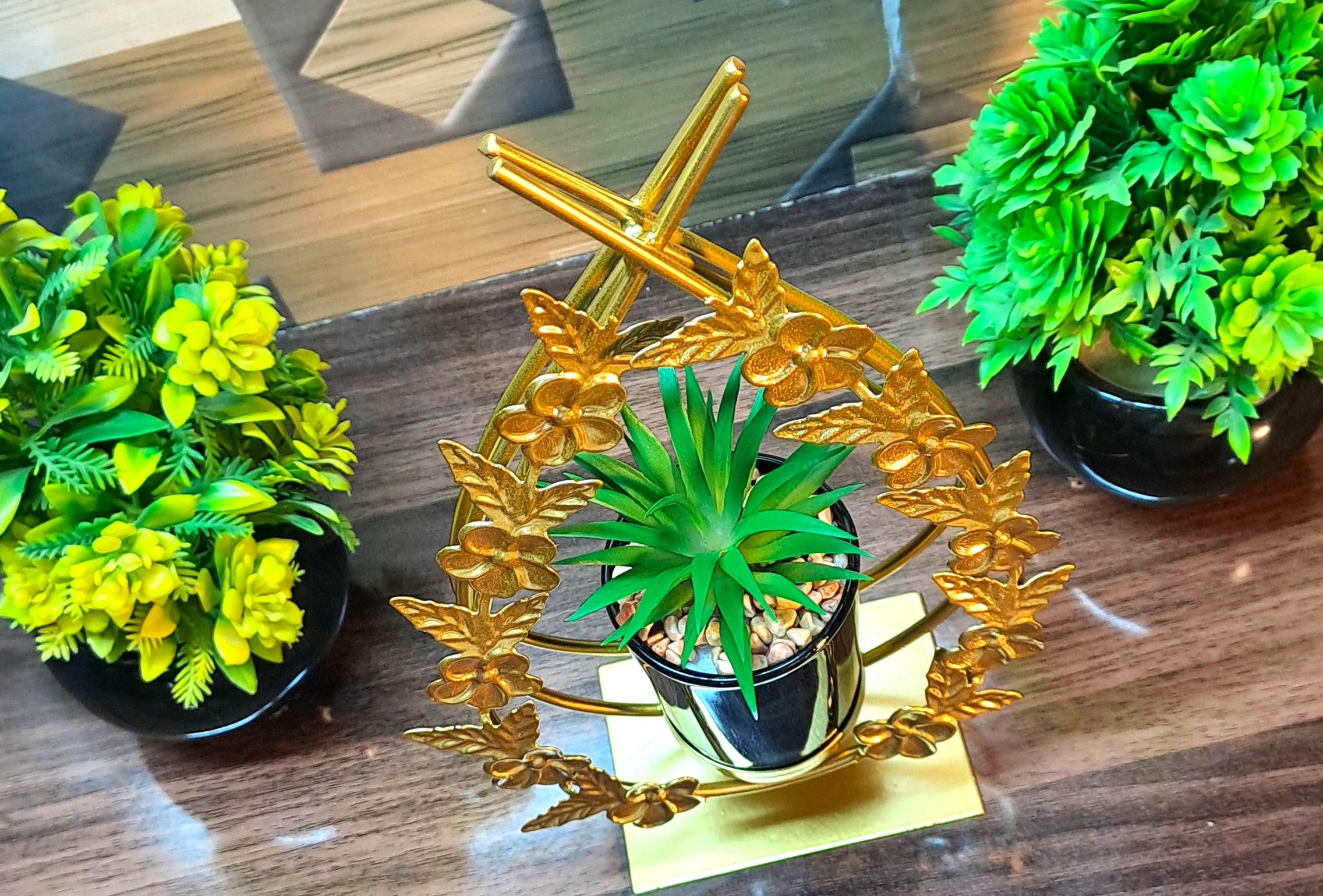 Cactus with Planter inside Metallic Floral Frame