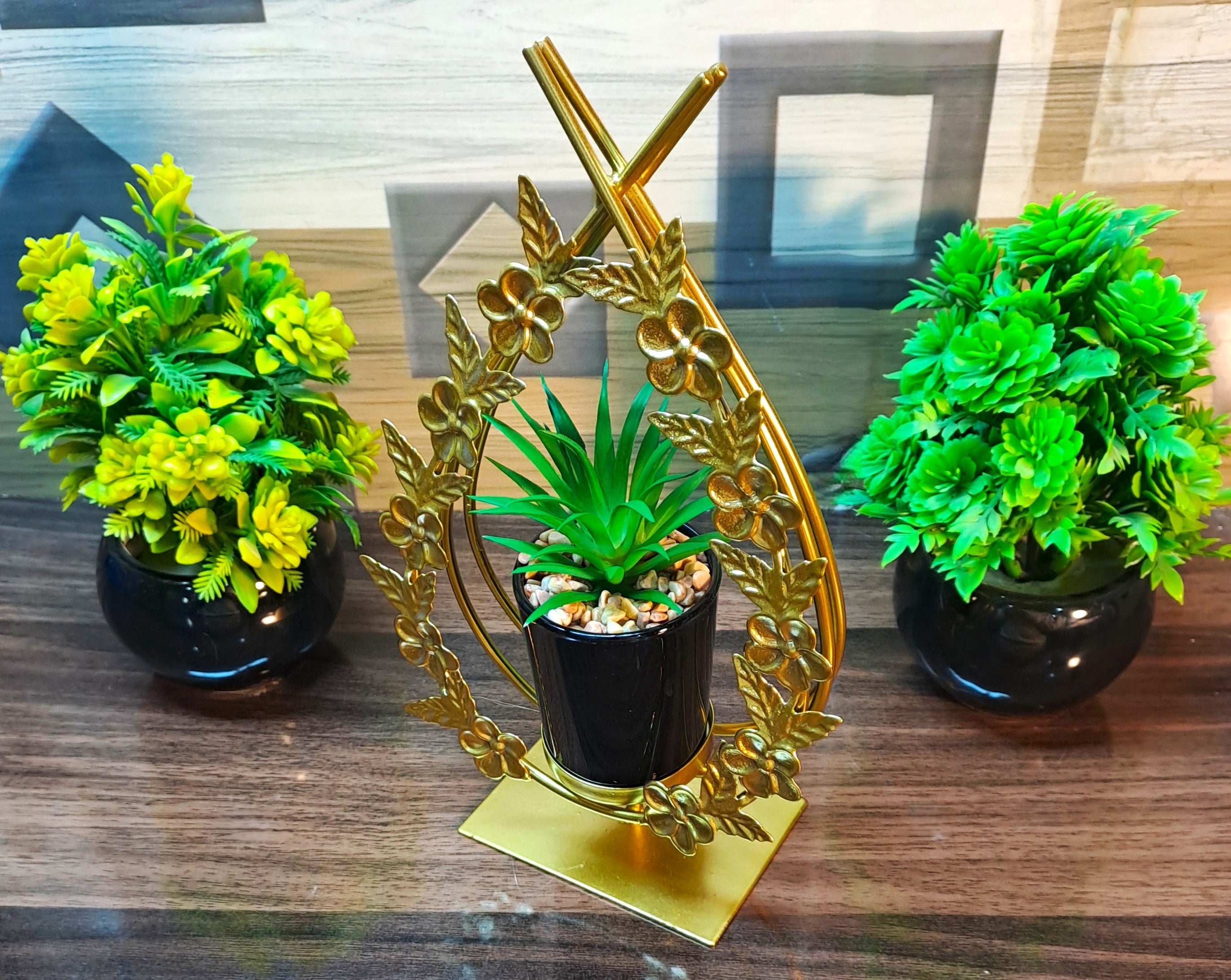 Cactus with Planter inside Metallic Floral Frame