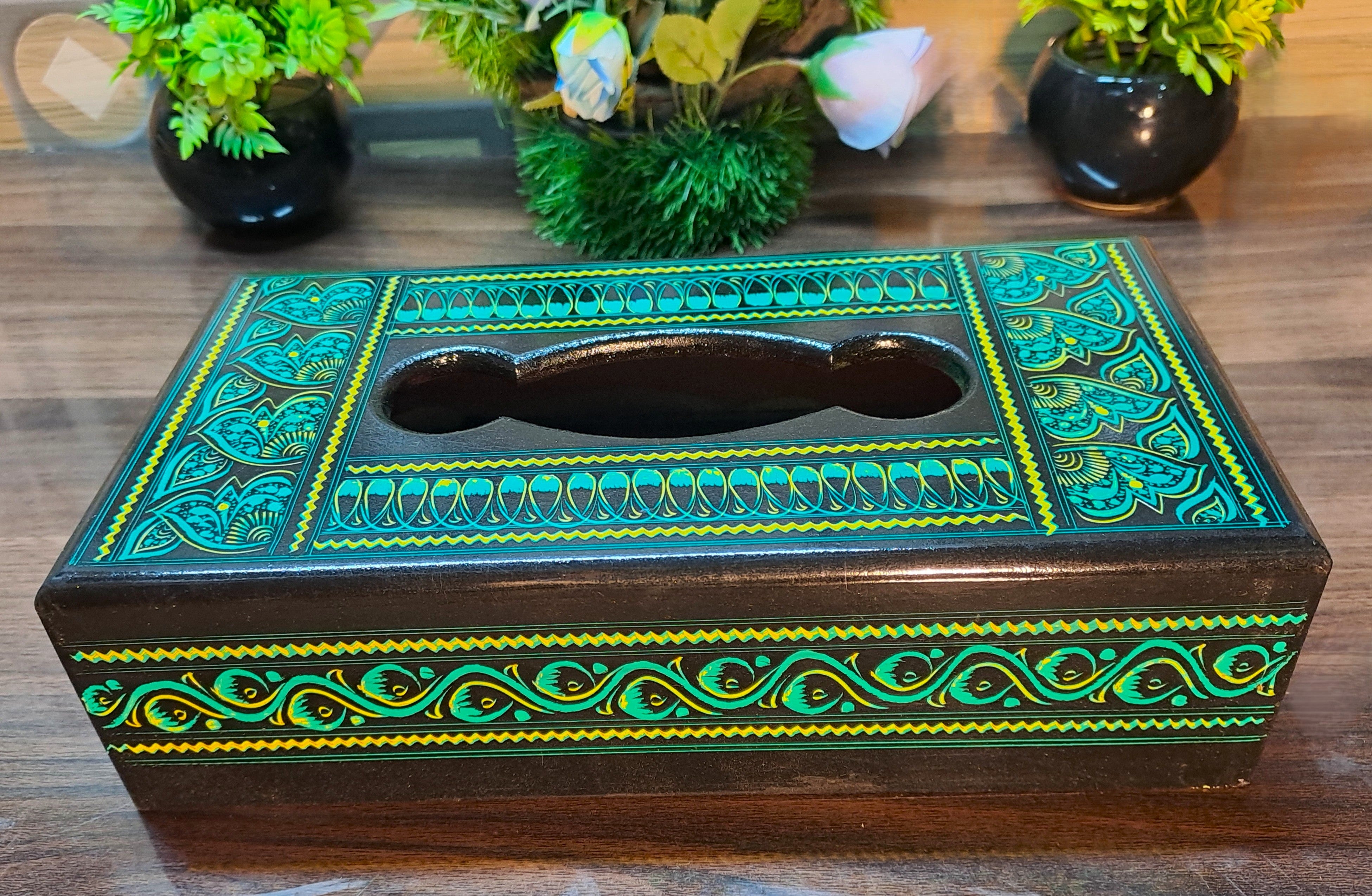 Turquoise-Black Naqshi Wooden Tissue Box