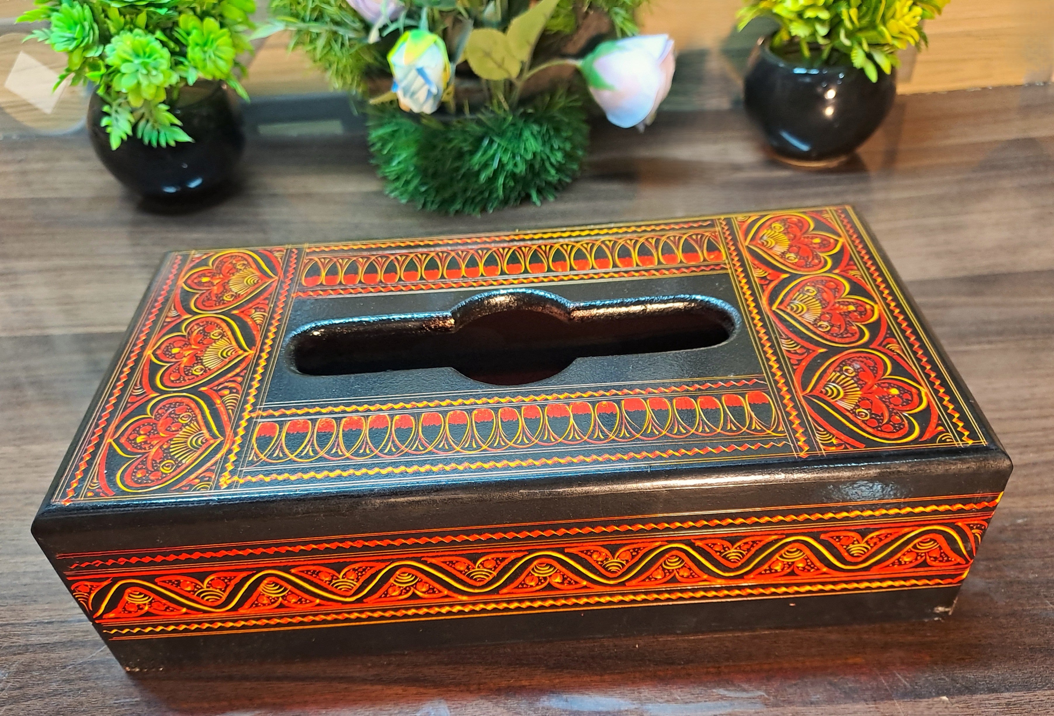 Red-Black Naqshi Wooden Tissue Box