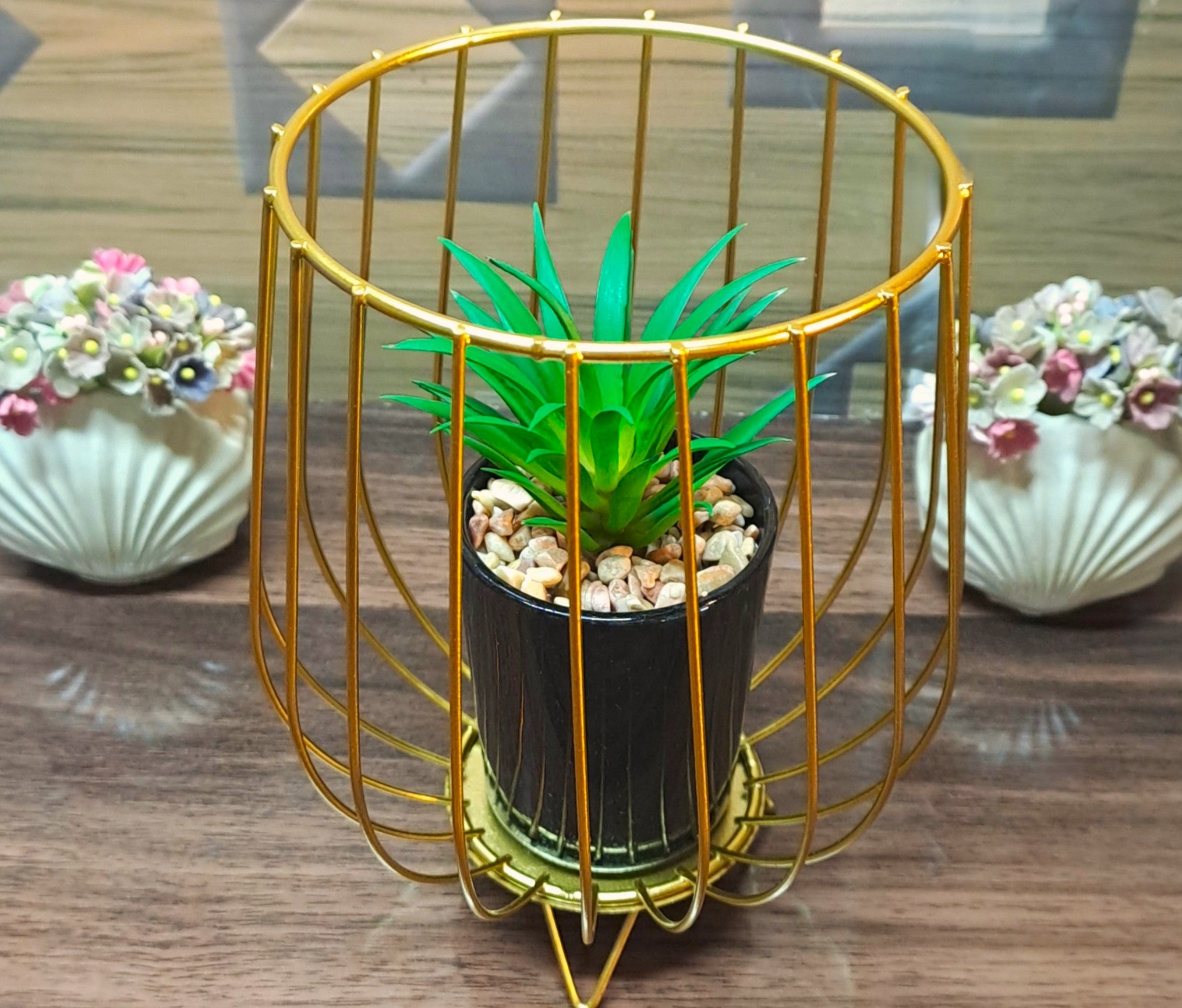 Cactus with Planter inside Acute Metallic Structure