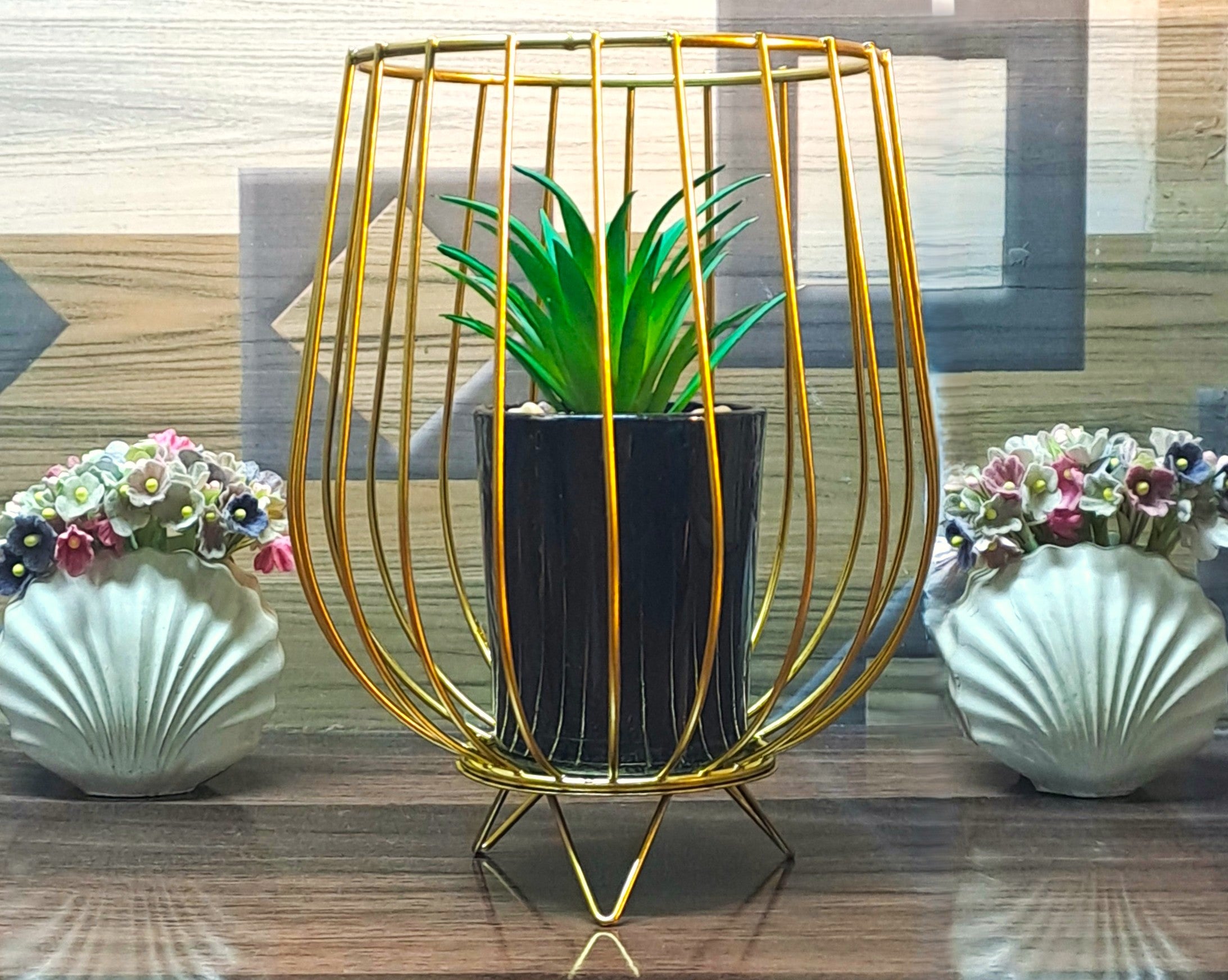 Cactus with Planter inside Acute Metallic Structure