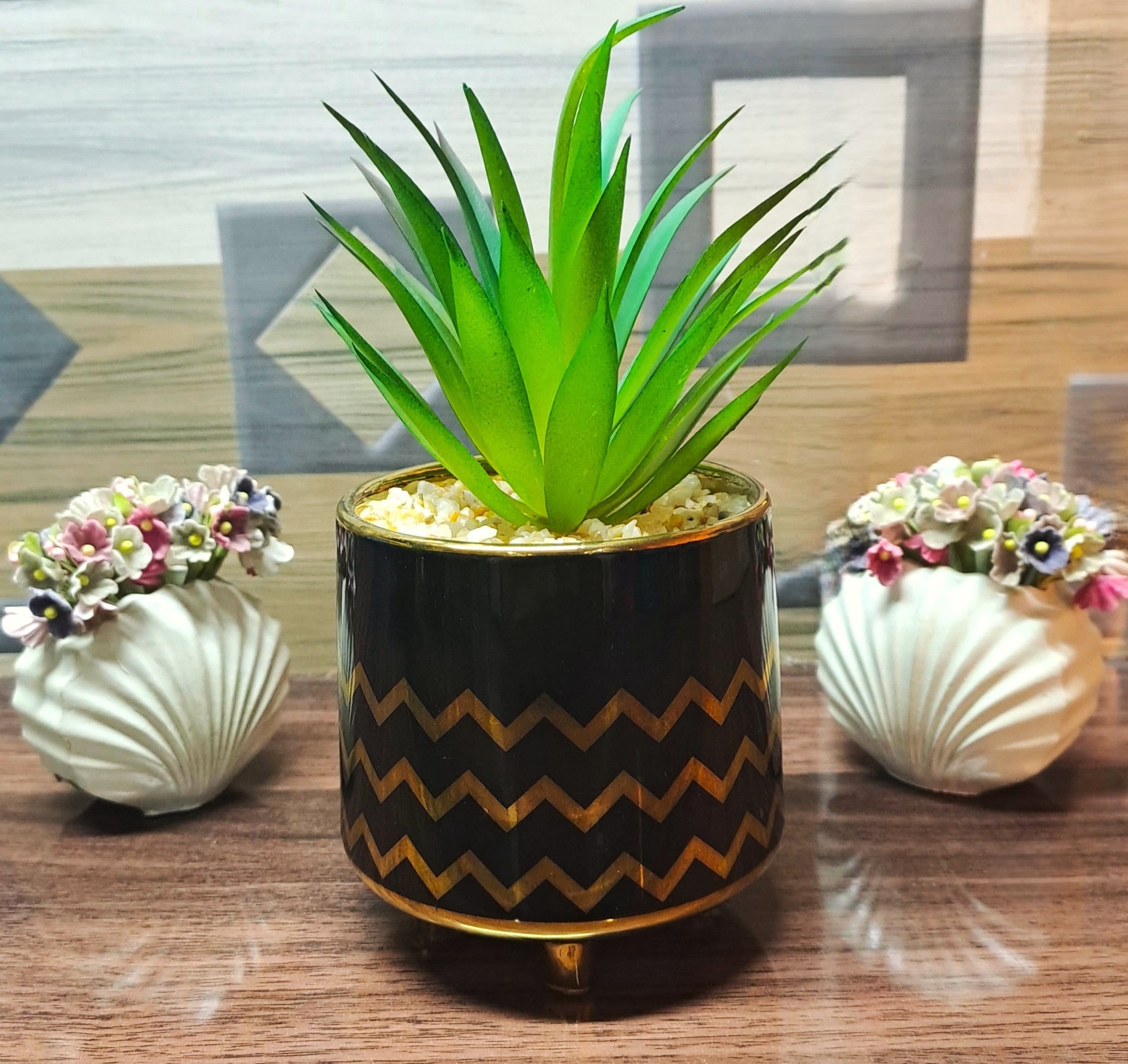 Ceramic Pot (Golden-Black) with artificial Cactus Plant