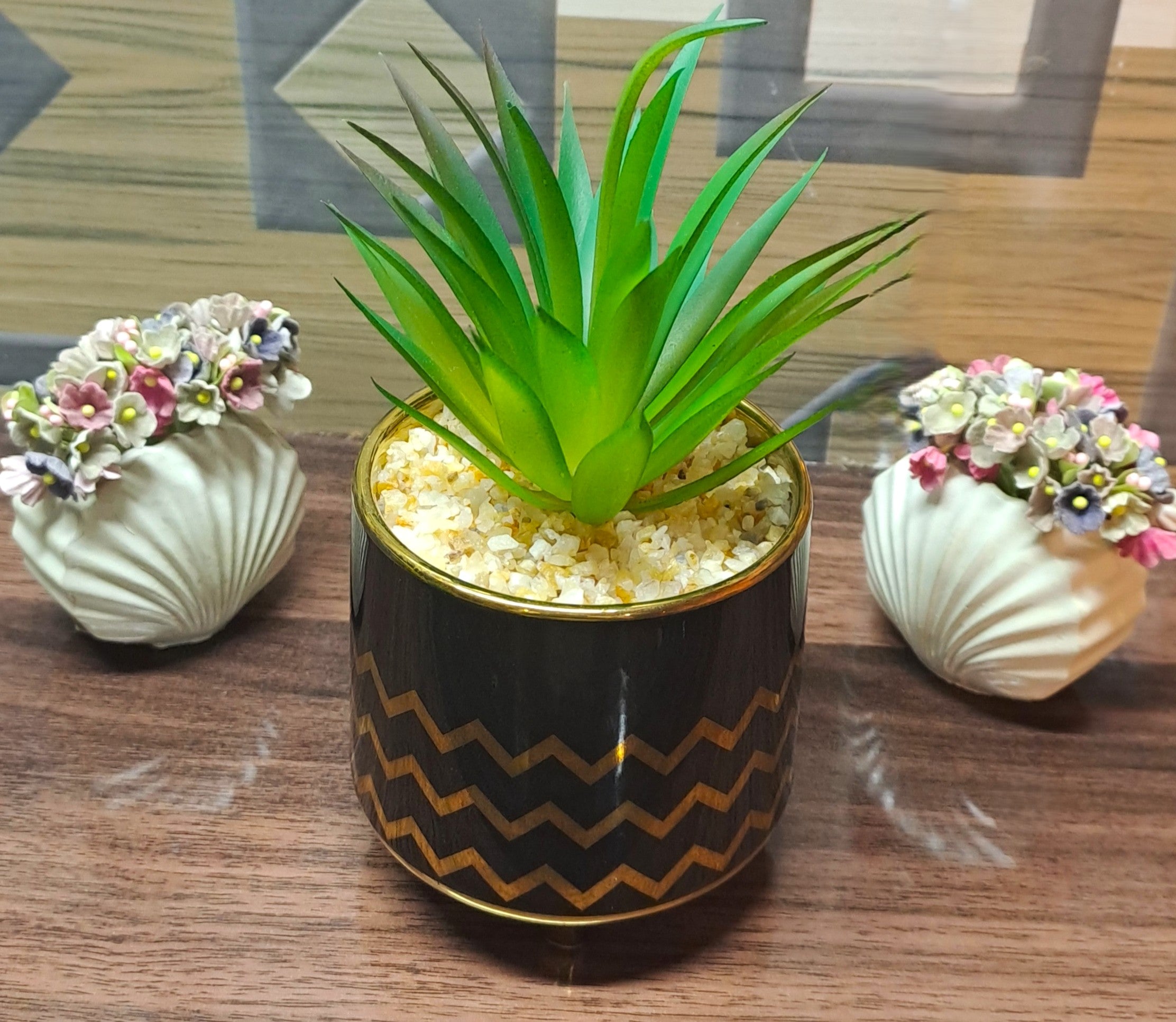 Ceramic Pot (Golden-Black) with artificial Cactus Plant