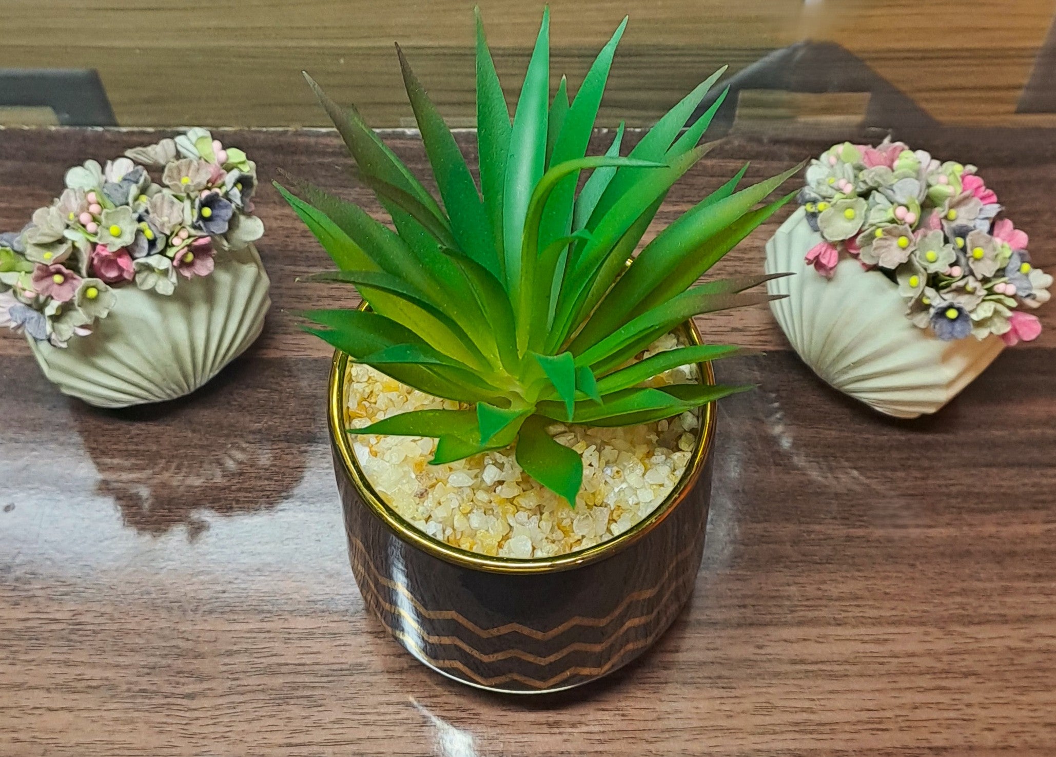 Ceramic Pot (Golden-Black) with artificial Cactus Plant