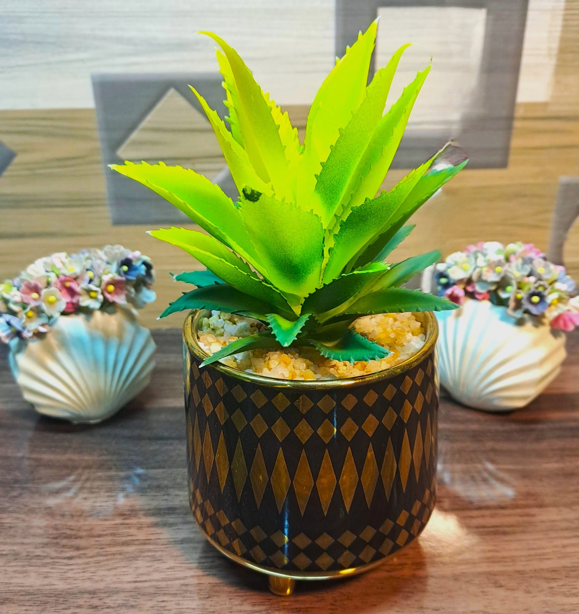 Ceramic Pot (Golden-Black) with artificial Cactus Plant