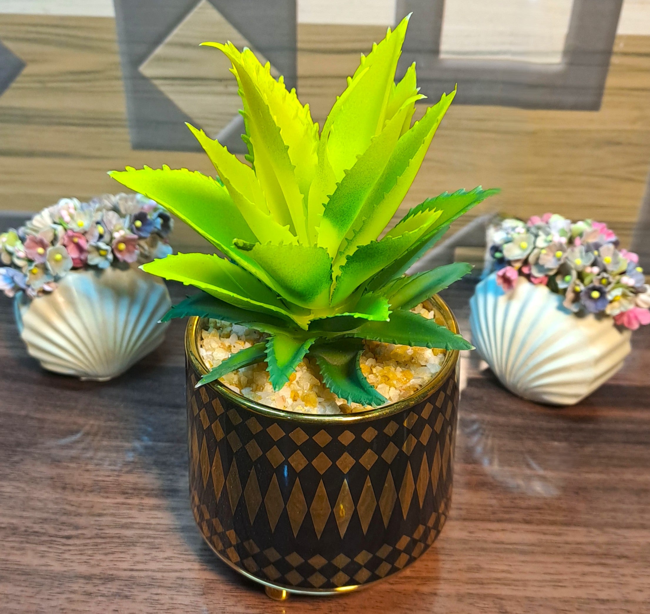 Ceramic Pot (Golden-Black) with artificial Cactus Plant
