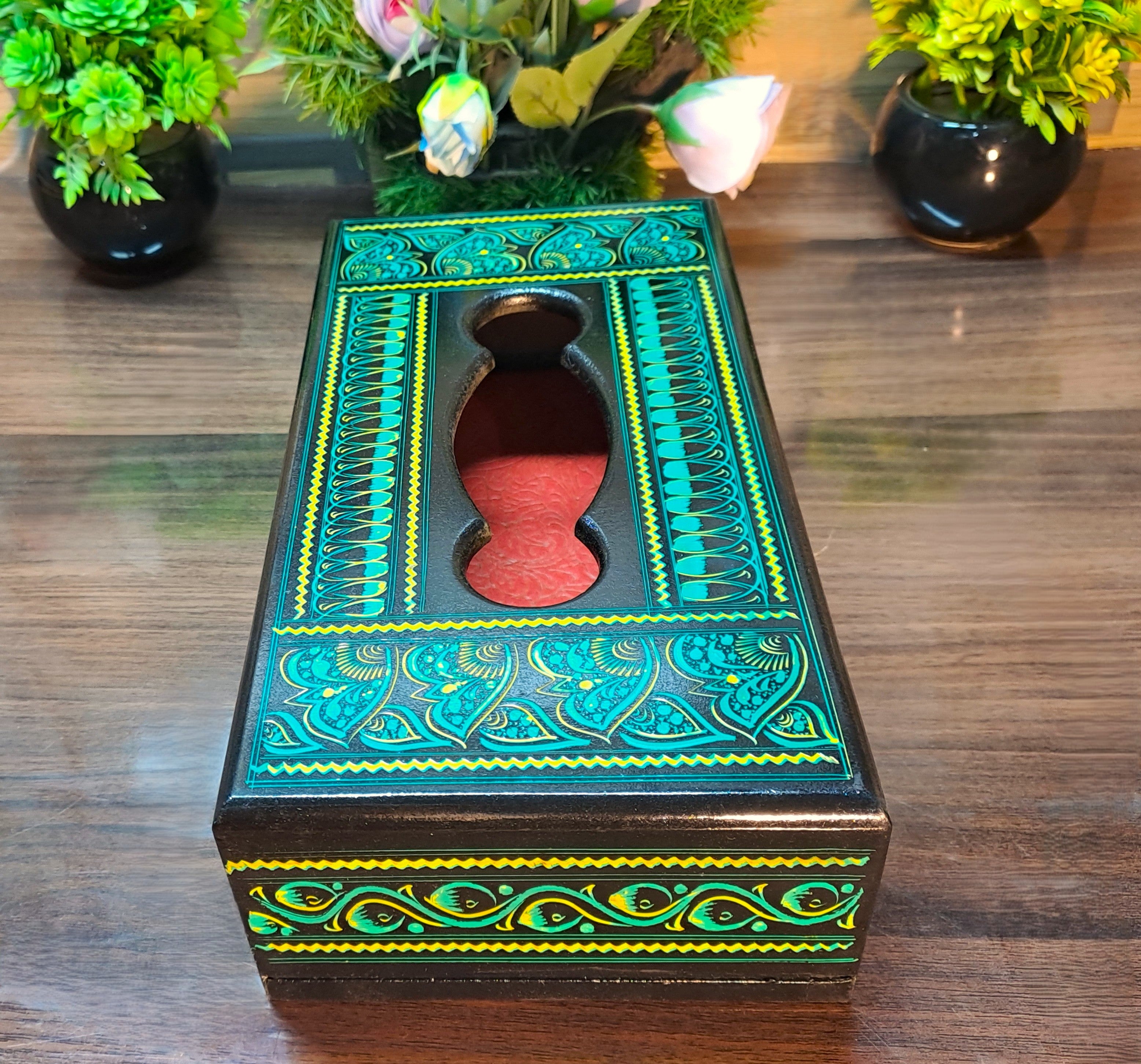 Turquoise-Black Naqshi Wooden Tissue Box