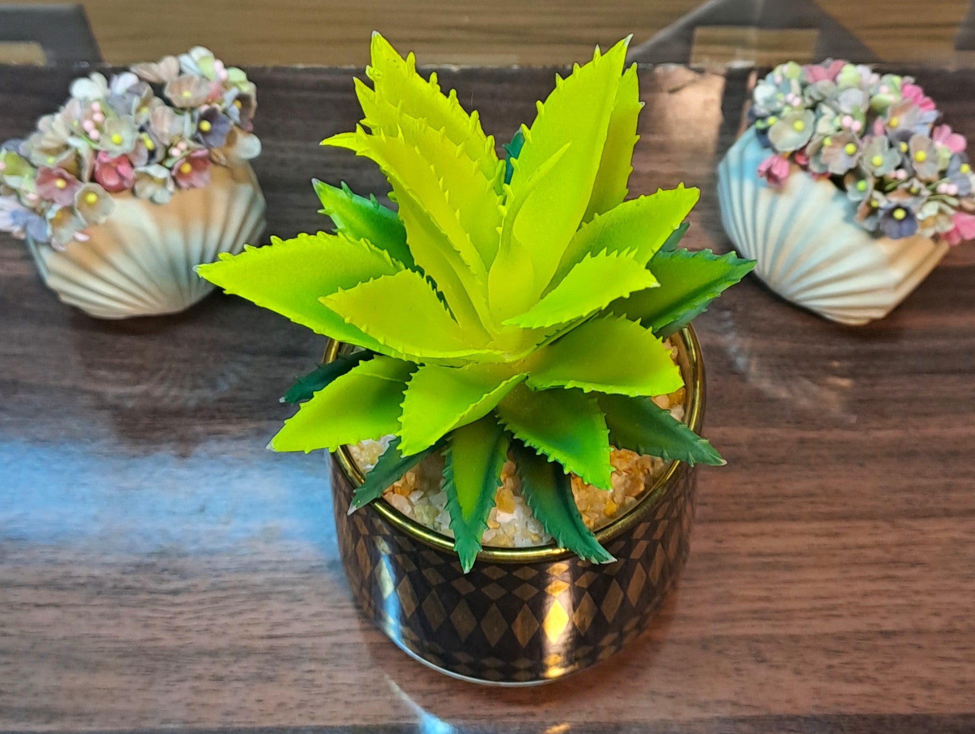 Ceramic Pot (Golden-Black) with artificial Cactus Plant