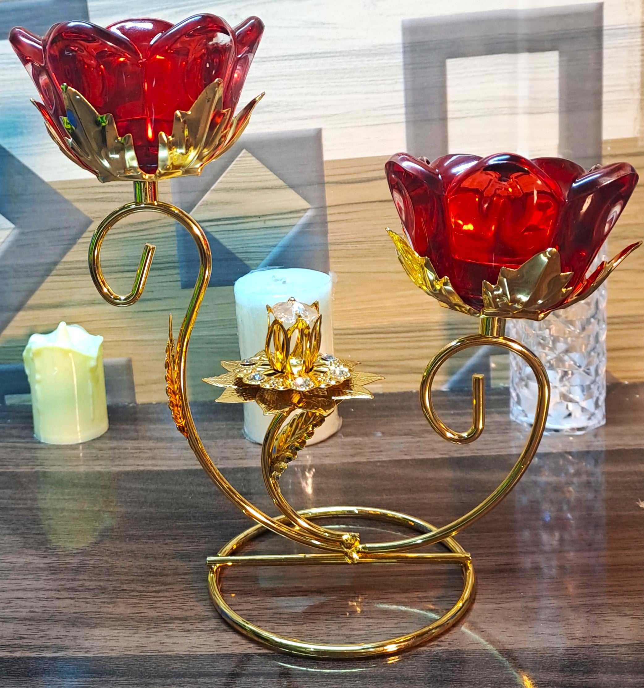 Golden Metallic Stand with 2 Red Rose Glass Holder