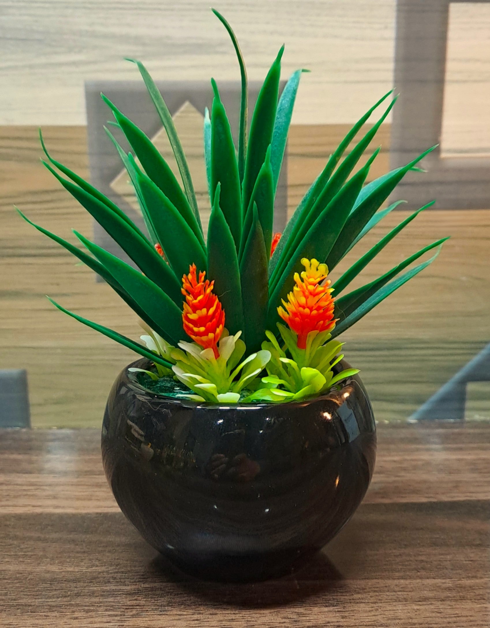 Black Ceramics Pot (Round Shape) with artificial Plants