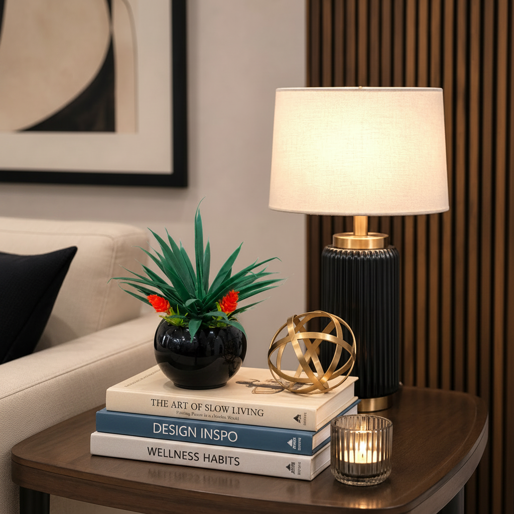 Black Ceramic Pot (Round Shape) with Artificial Plant