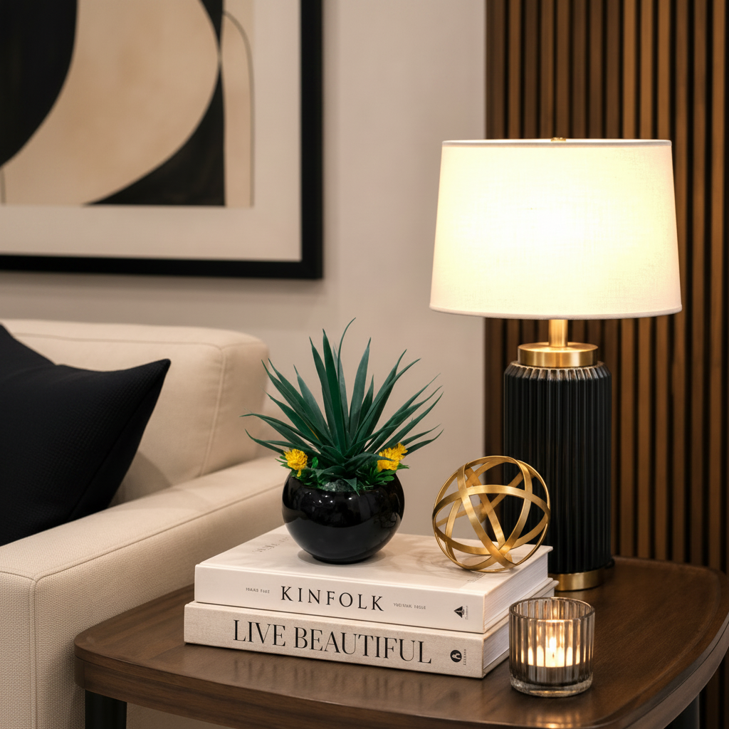 Black Ceramic Pot (Round Shape) with Artificial Plant