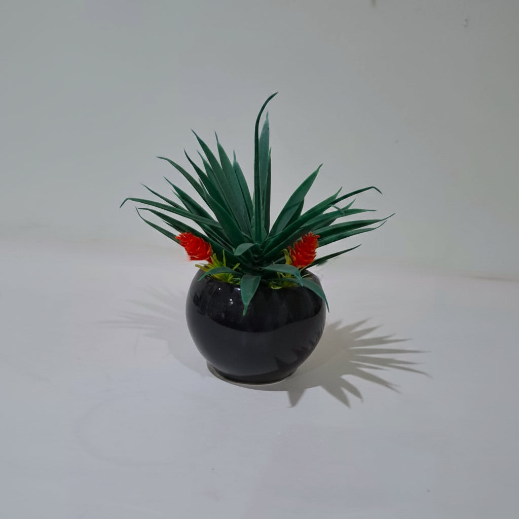 Black Ceramic Pot (Round Shape) with Artificial Plant