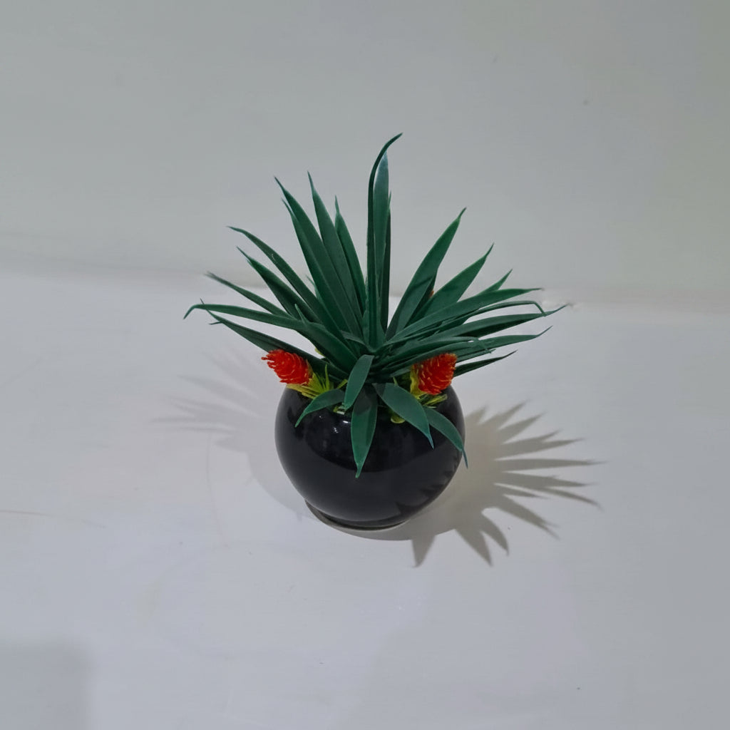 Black Ceramic Pot (Round Shape) with Artificial Plant