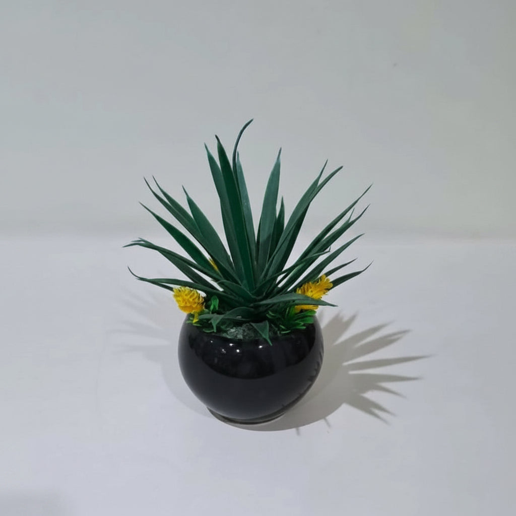 Black Ceramic Pot (Round Shape) with Artificial Plant