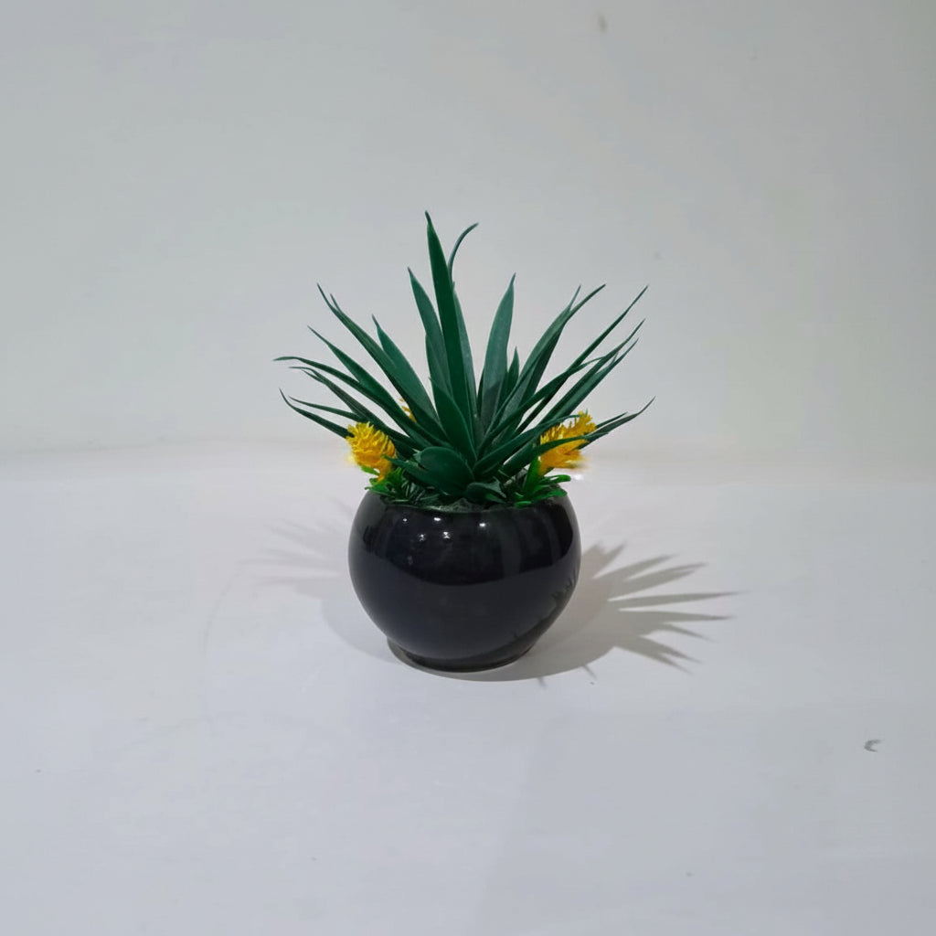Black Ceramic Pot (Round Shape) with Artificial Plant