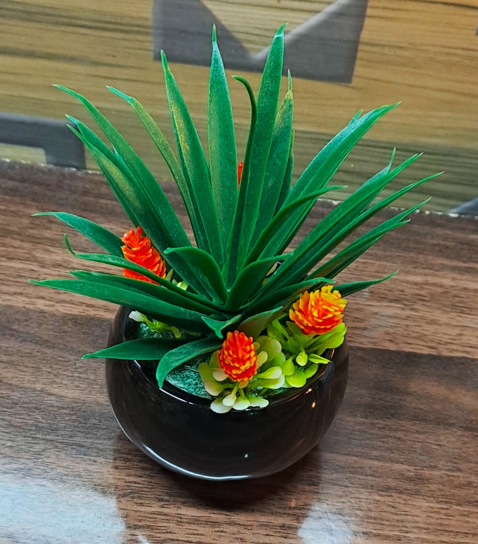 Black Ceramics Pot (Round Shape) with artificial Plants