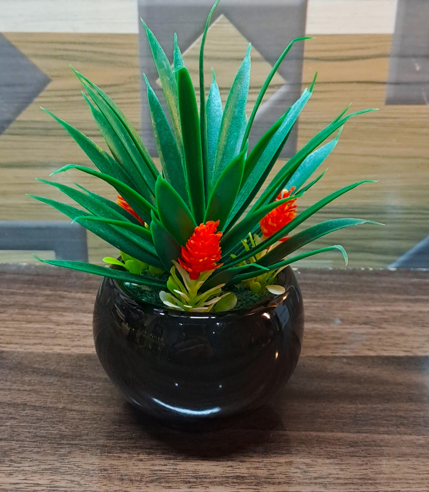 Black Ceramics Pot (Round Shape) with artificial Plants