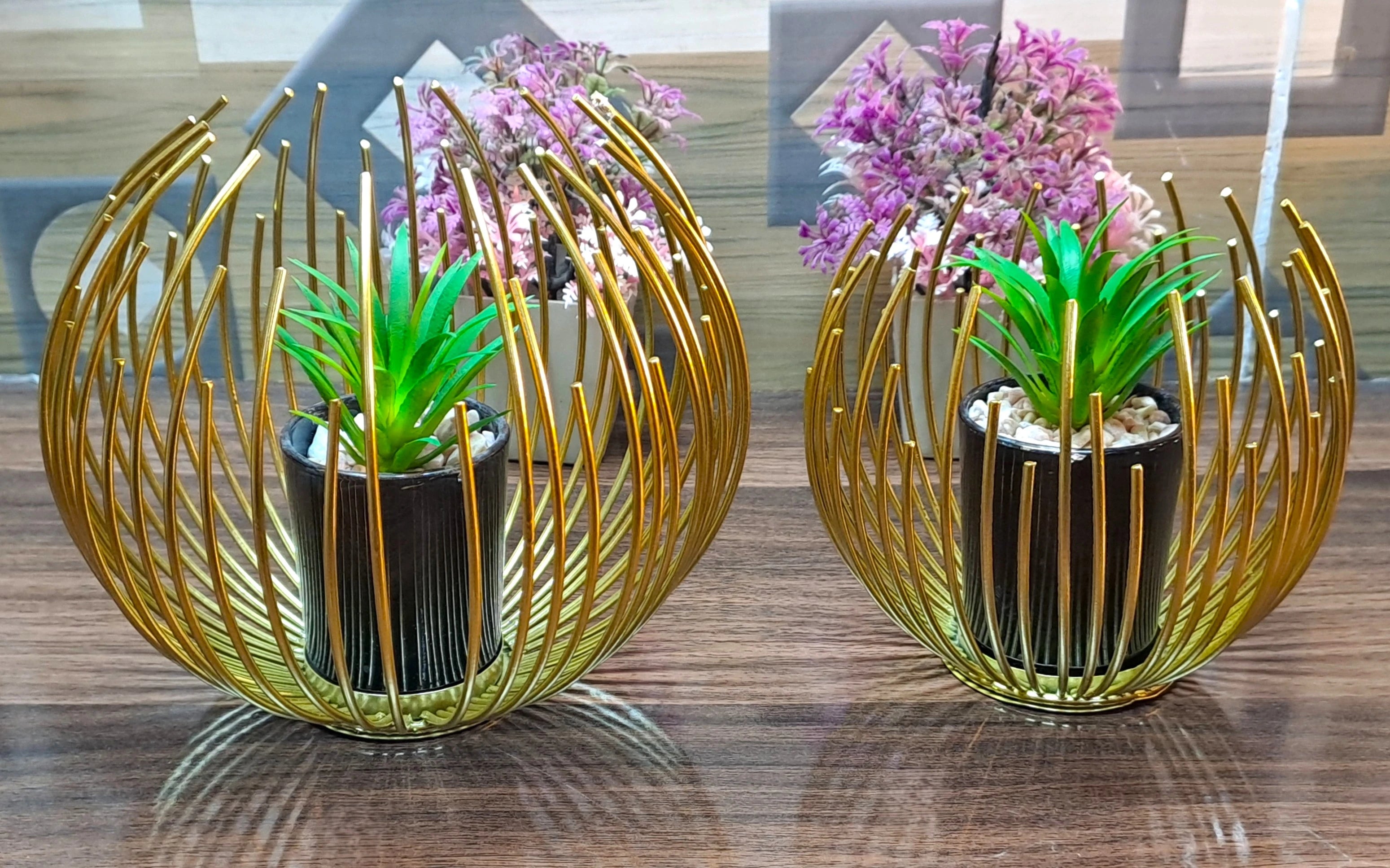 Cactus with Planter inside Acute Metallic Structure (2 Pcs set)