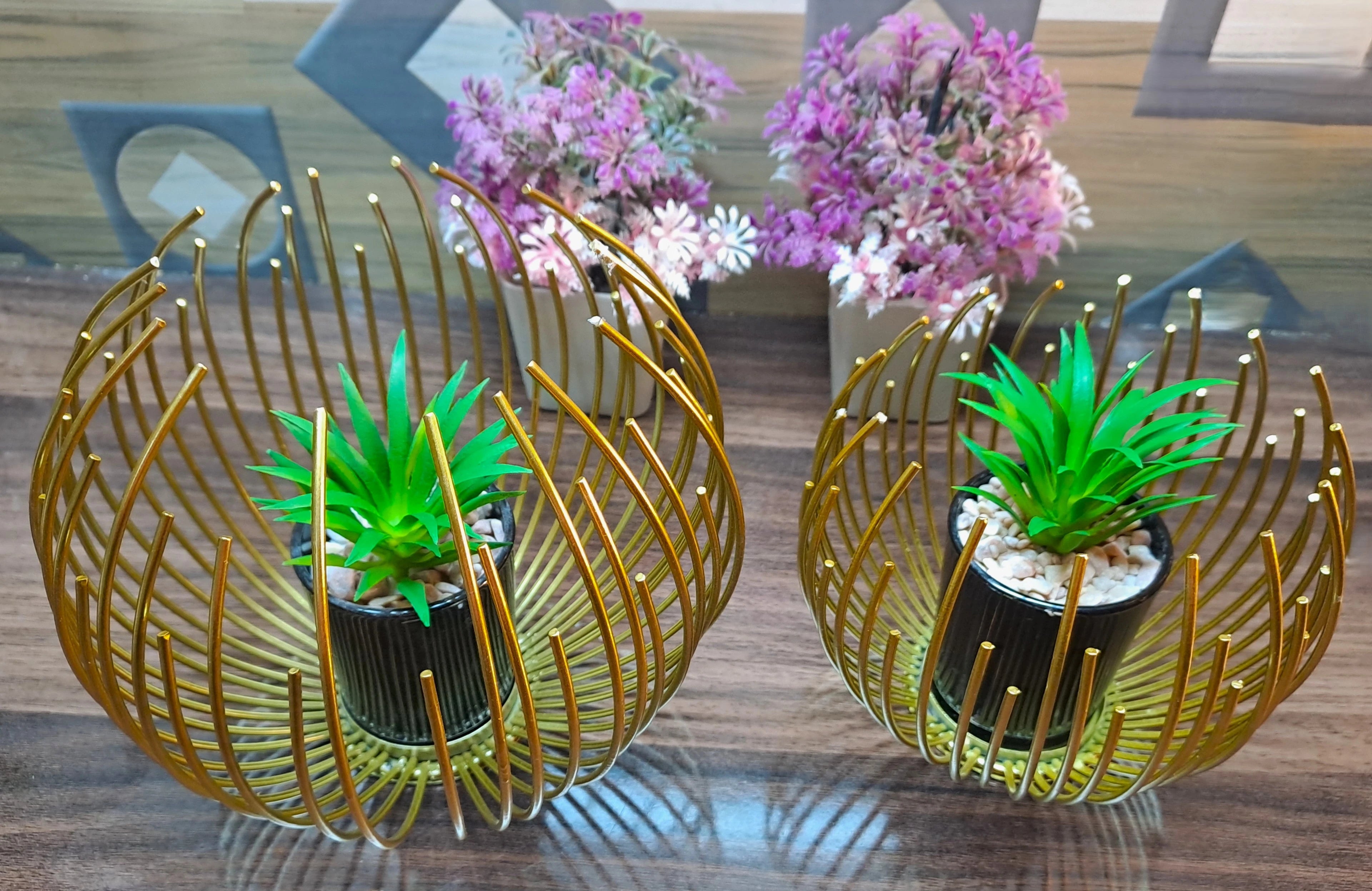 Cactus with Planter inside Acute Metallic Structure (2 Pcs set)
