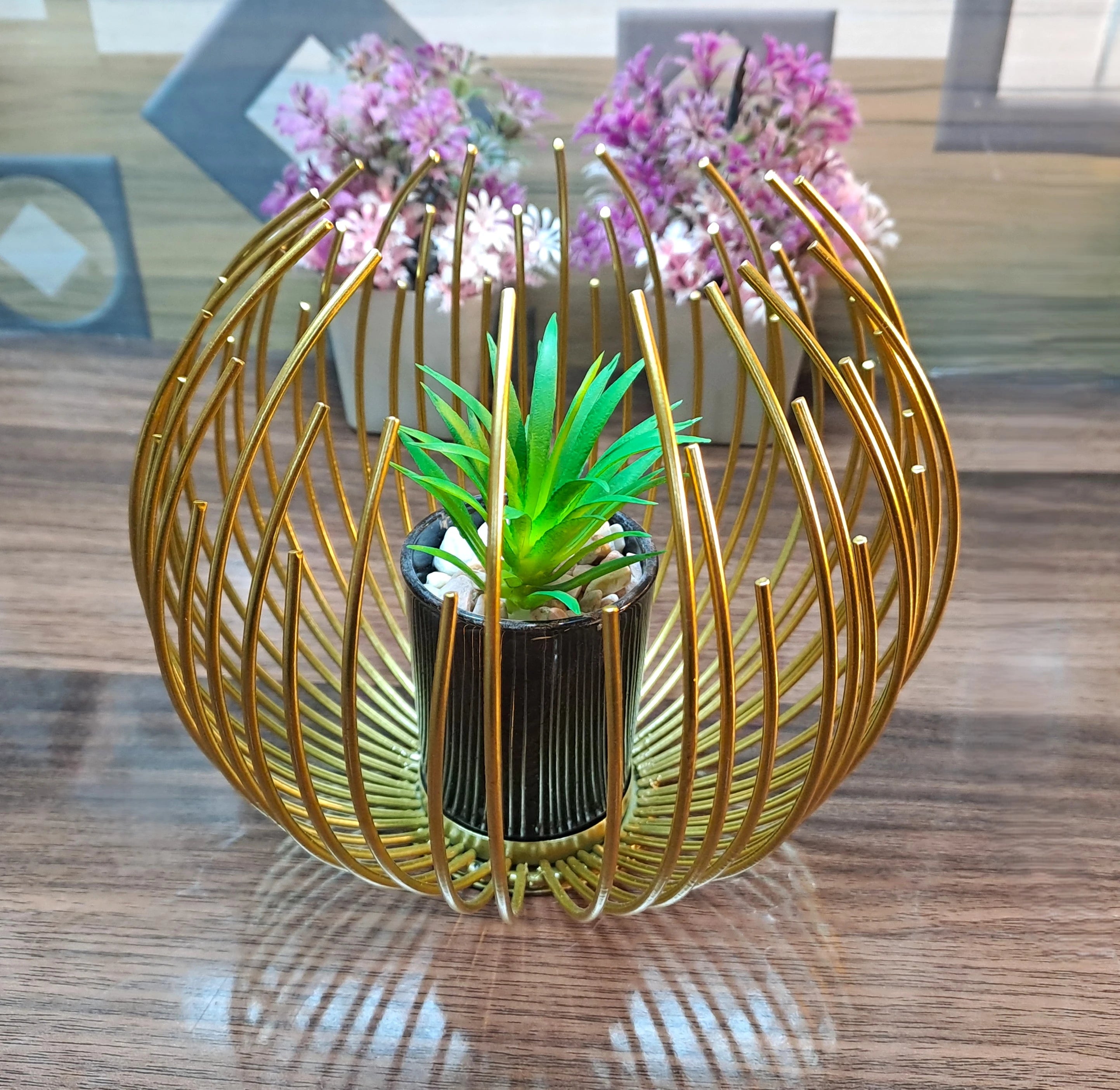 Cactus with Planter inside Acute Metallic Structure (2 Pcs set)