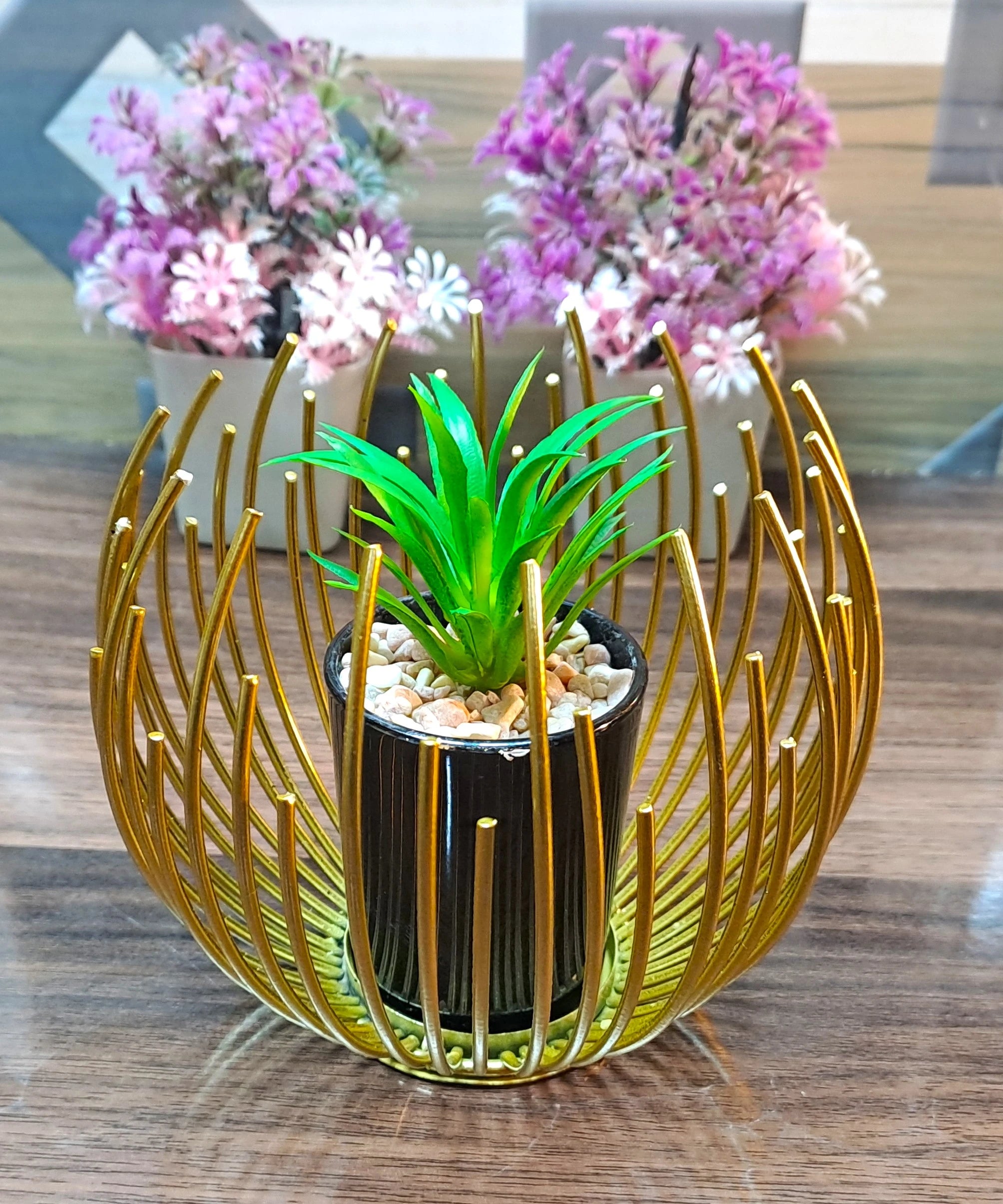 Cactus with Planter inside Acute Metallic Structure (2 Pcs set)