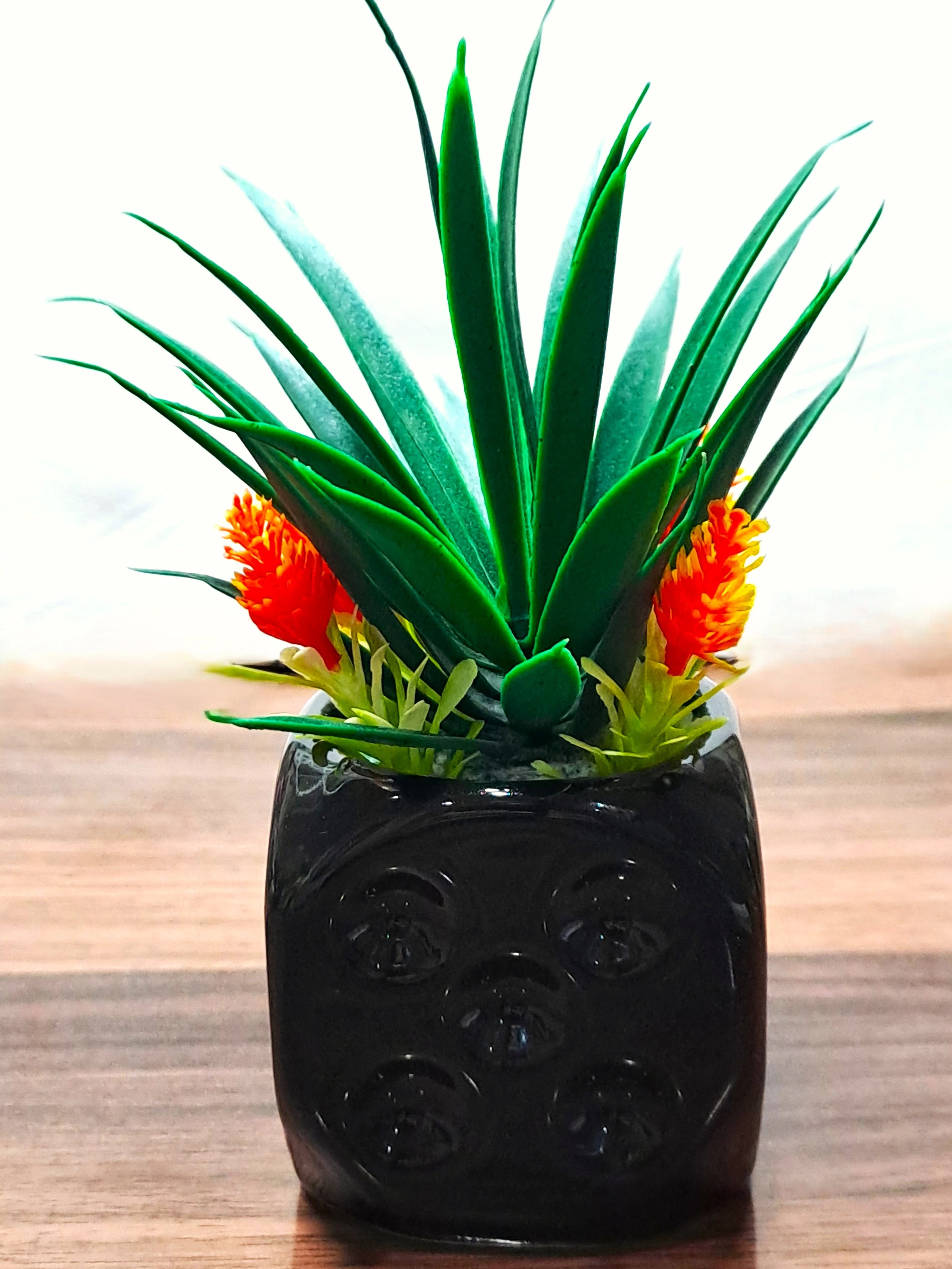 Black Ceramics Pot (Square Shape) with artificial Plants