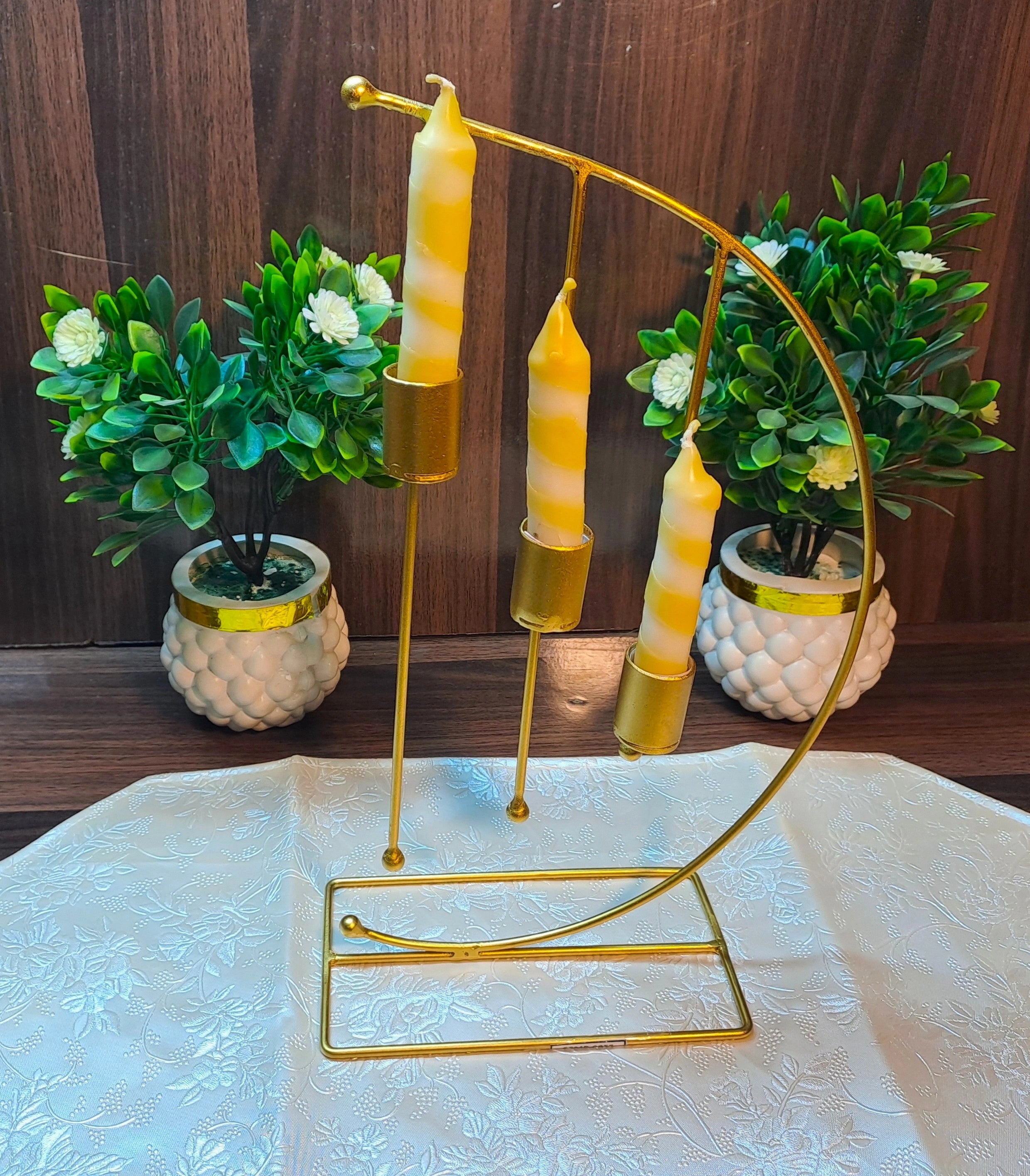 Golden Metallic Crescent Shape Candle Stand with 3 Candle Holders (without candles)