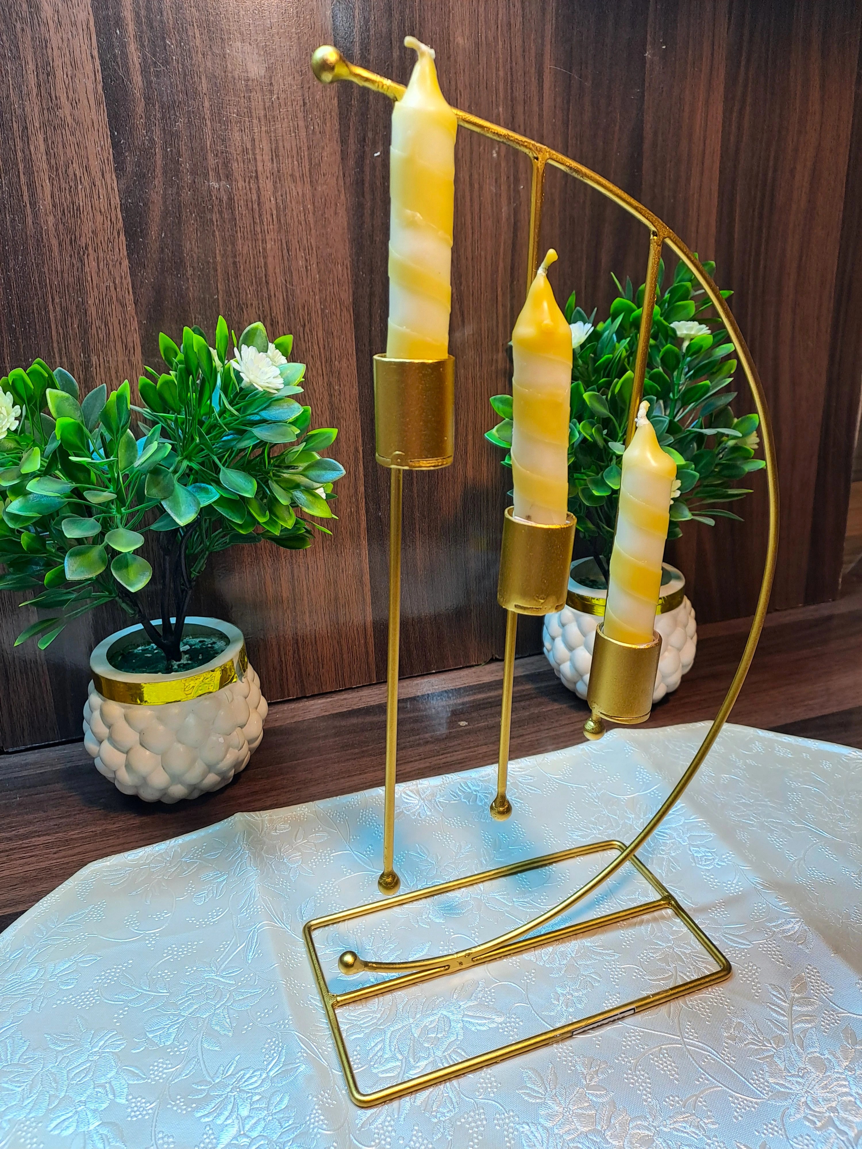 Golden Metallic Crescent Shape Candle Stand with 3 Candle Holders (without candles)