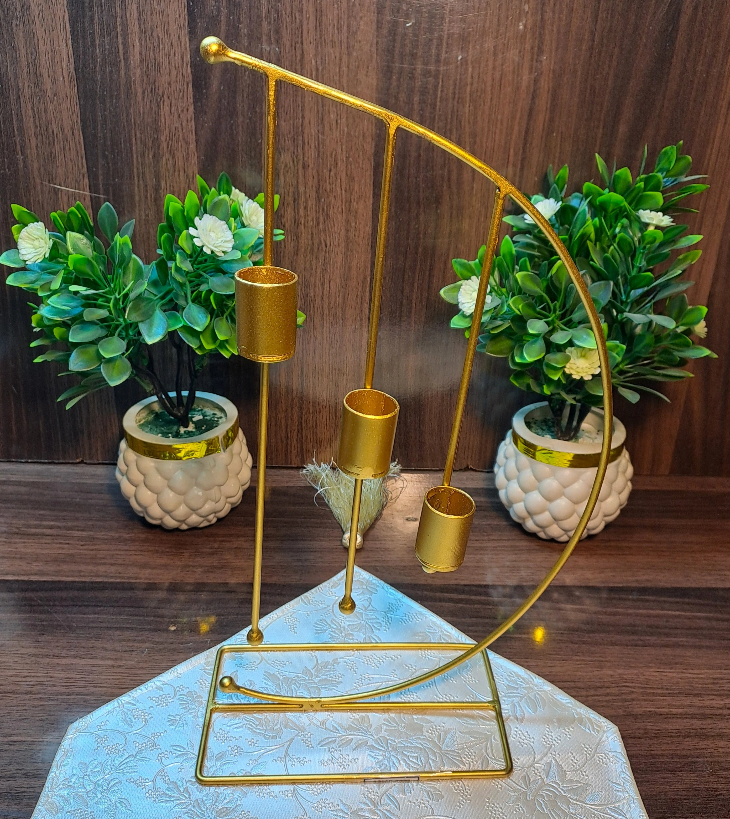 Golden Metallic Crescent Shape Candle Stand with 3 Candle Holders (without candles)