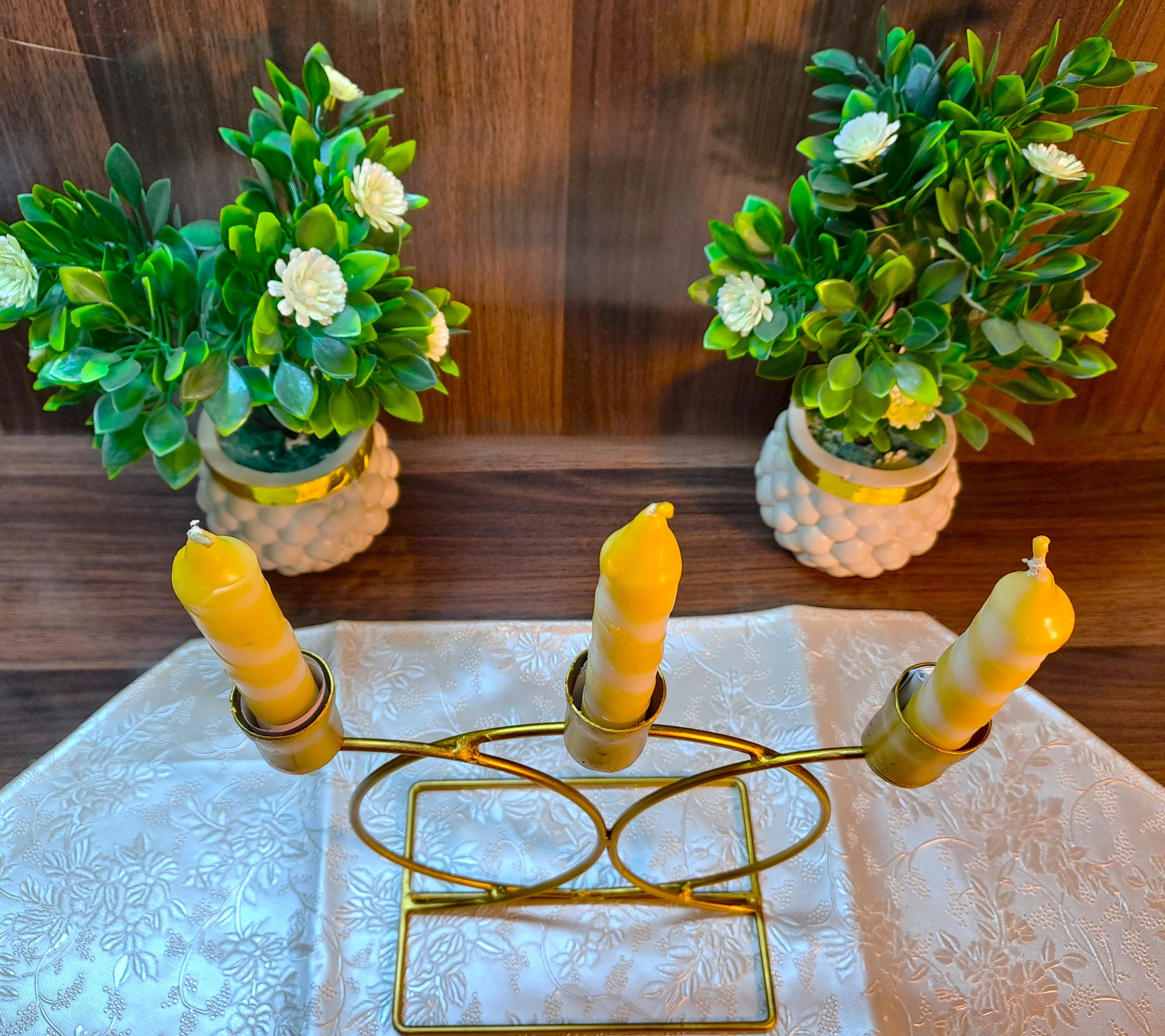 Golden Metallic Grand Candle Stand with 3 Candle Holders (without candles)