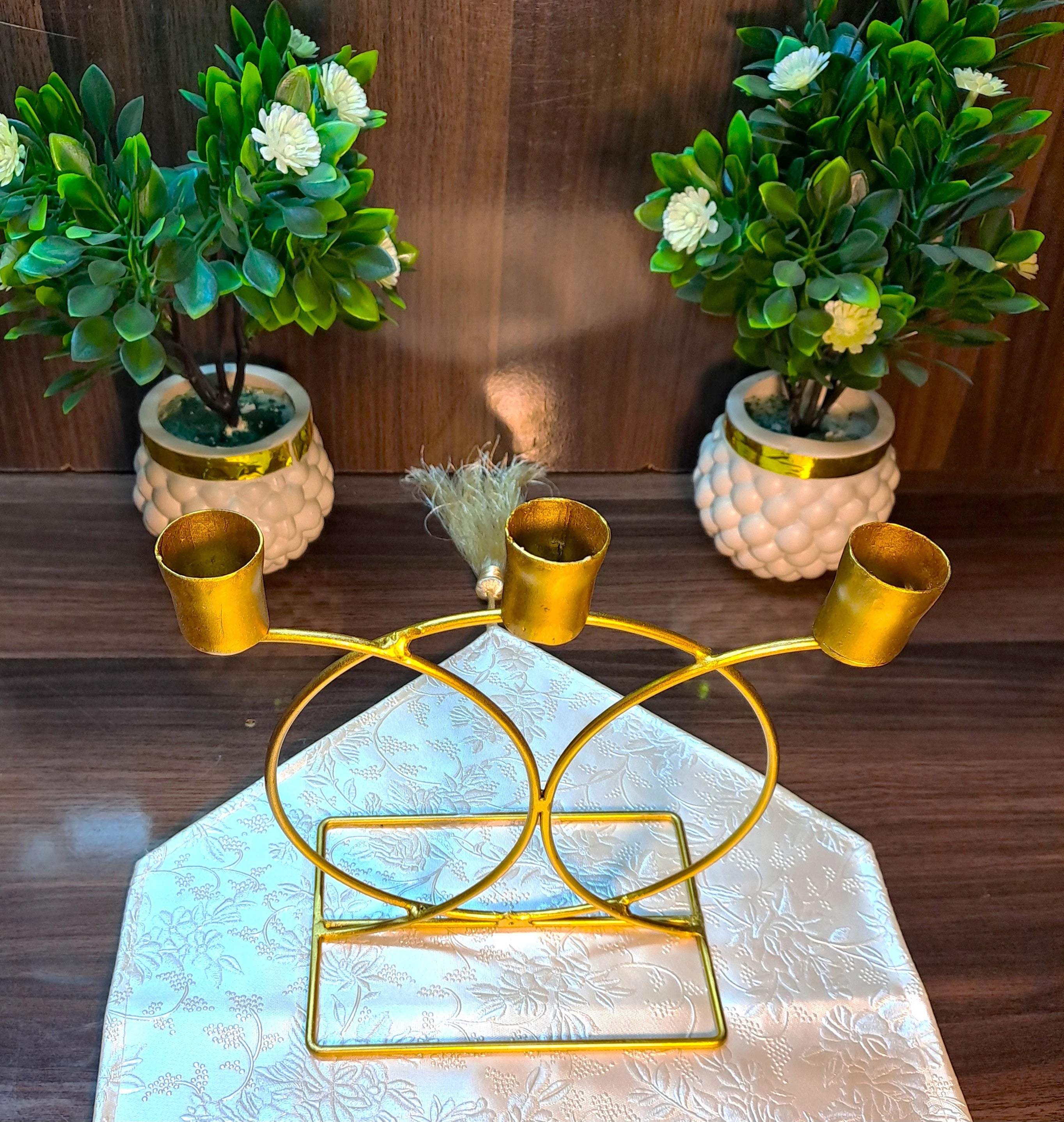Golden Metallic Grand Candle Stand with 3 Candle Holders (without candles)