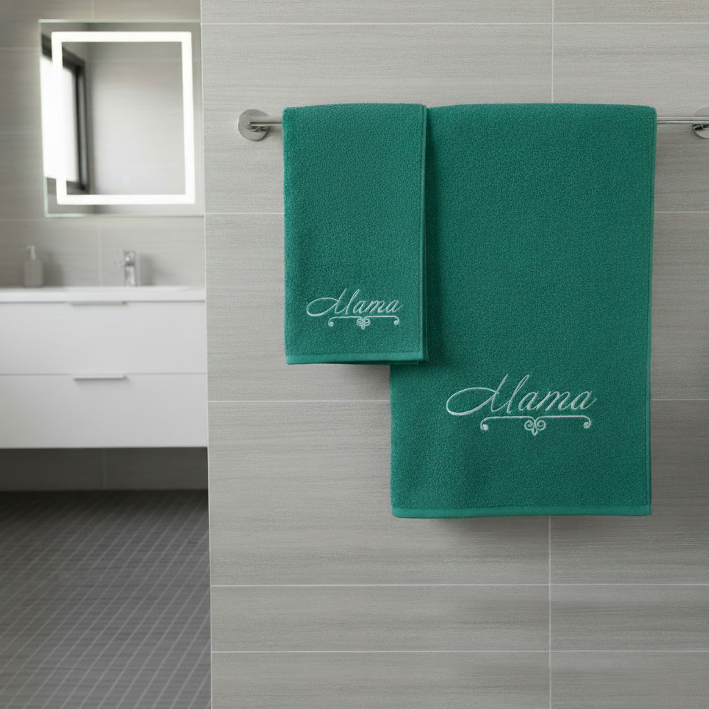 2-PCS Embroidered (Monograms) Green Towels Set(01 Bath Towel & 01 Hand Towel)