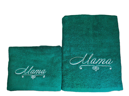 2-PCS Embroidered (Monograms) Green Towels Set(01 Bath Towel & 01 Hand Towel)