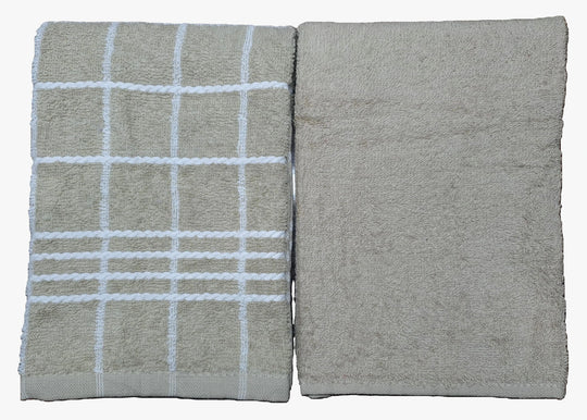 2-PCS Beige Kitchen Towels Set (01 Yarn Dyed Check Towels & 01 Plain Dyed Towel)
