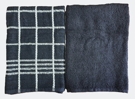 2-PCS Black Kitchen Towels Set (01 Yarn Dyed Check Towel & 01 Plain Dyed Towel)
