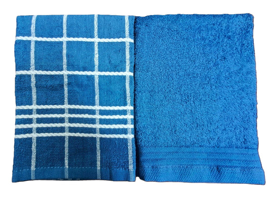 2-PCS Blue Kitchen Towels Set (01 Yarn Dyed Check Towel & 01 Plain Dyed Towel)