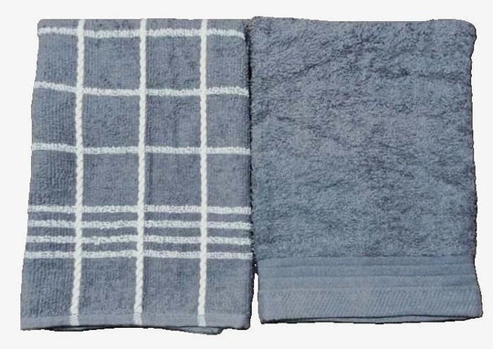2-PCS Grey Kitchen Towels Set (01 Yarn Dyed Check Towel & 01 Plain Dyed Towel)