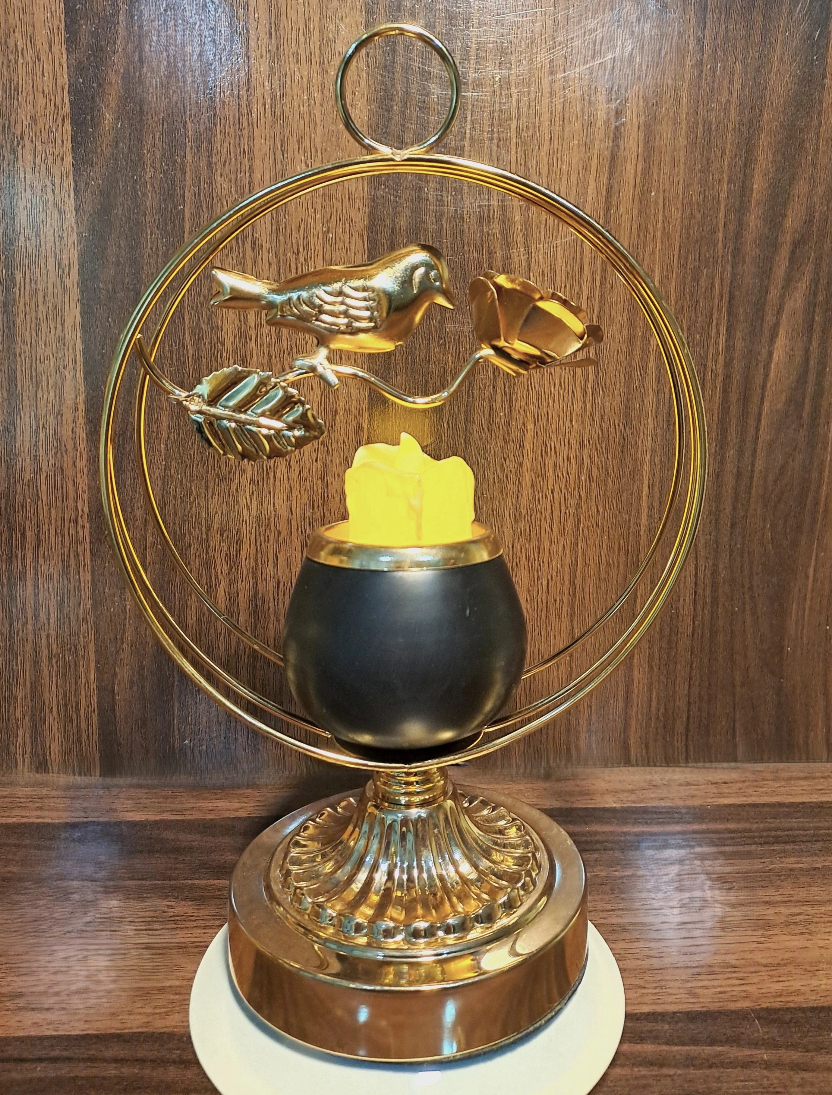 Golden Metallic Candle Stand with Sparrow inside Circle (with LED Candle)