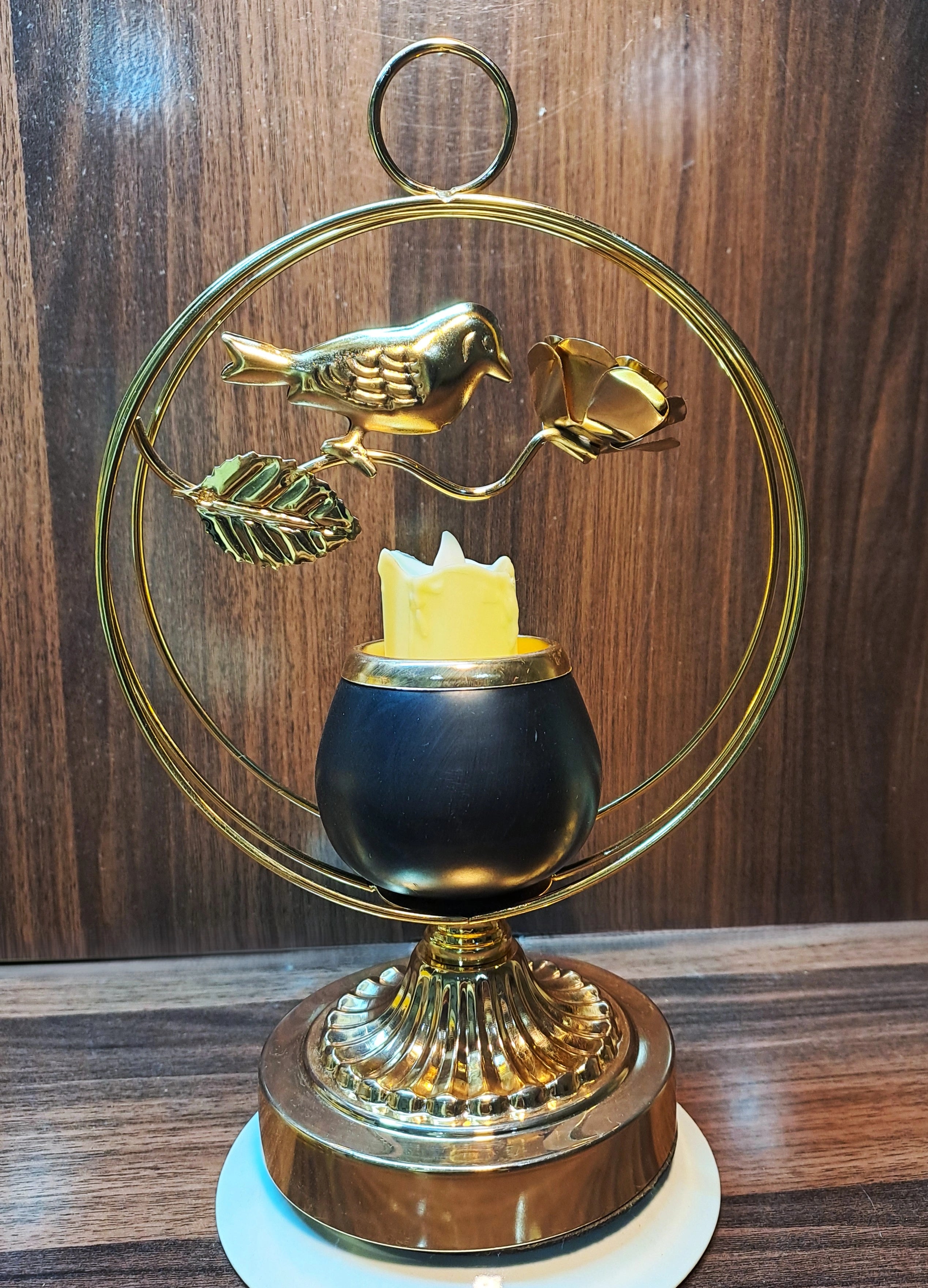 Golden Metallic Candle Stand with Sparrow inside Circle (with LED Candle)